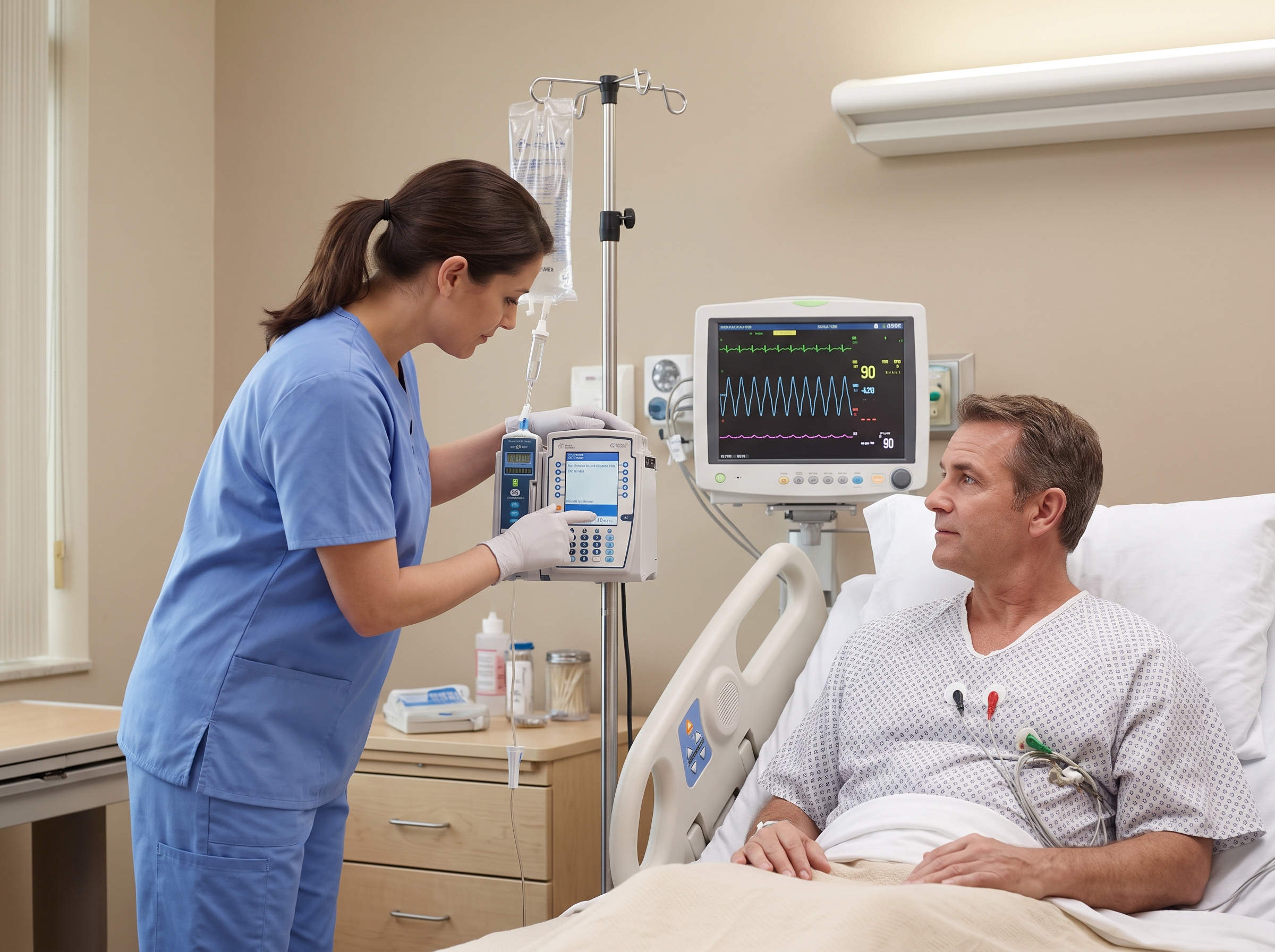 Nurse programming an IV infusion pump for a monitored stable VT patient