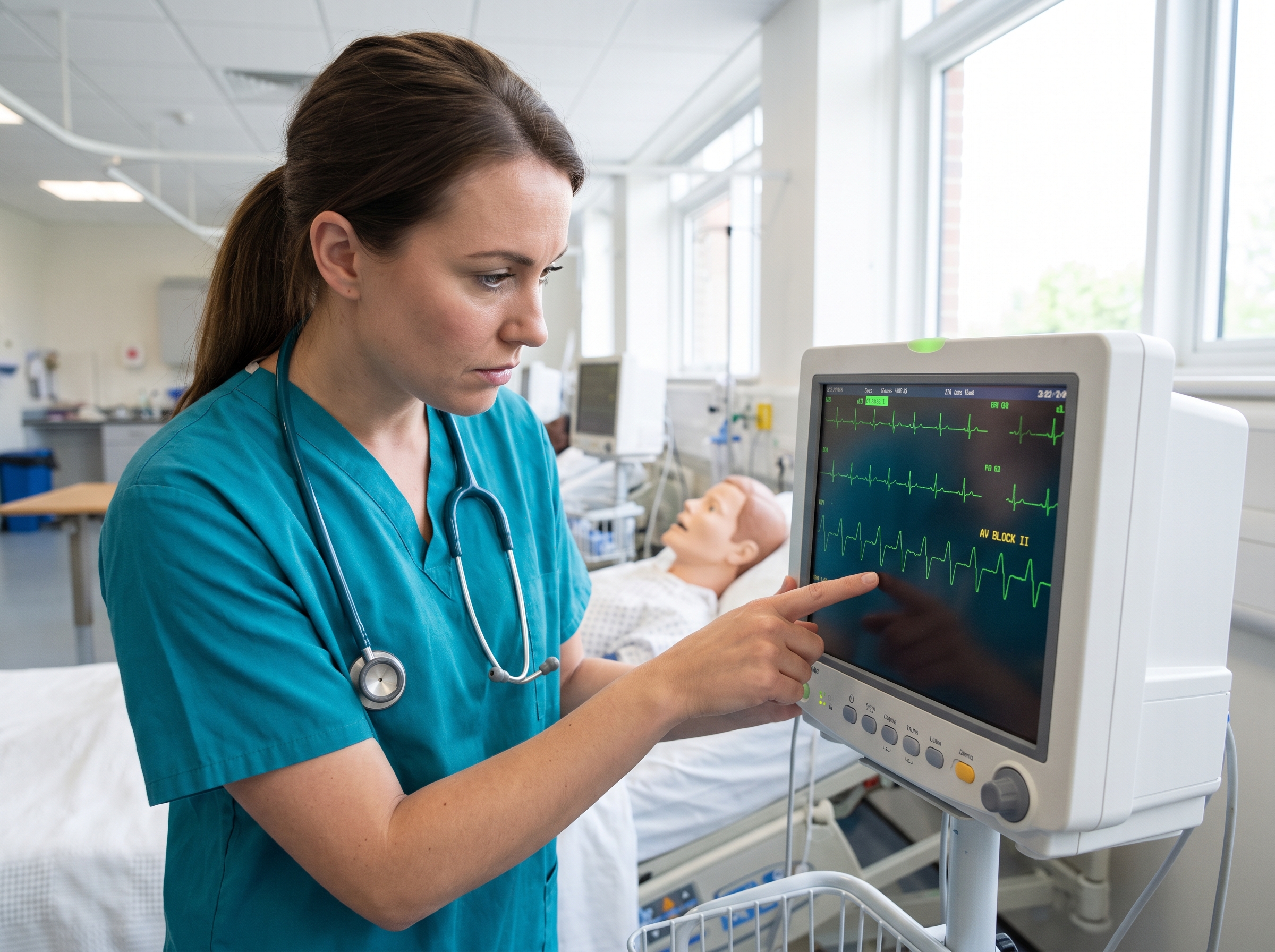 Nurse examining a cardiac monitor showing an AV block rhythm strip