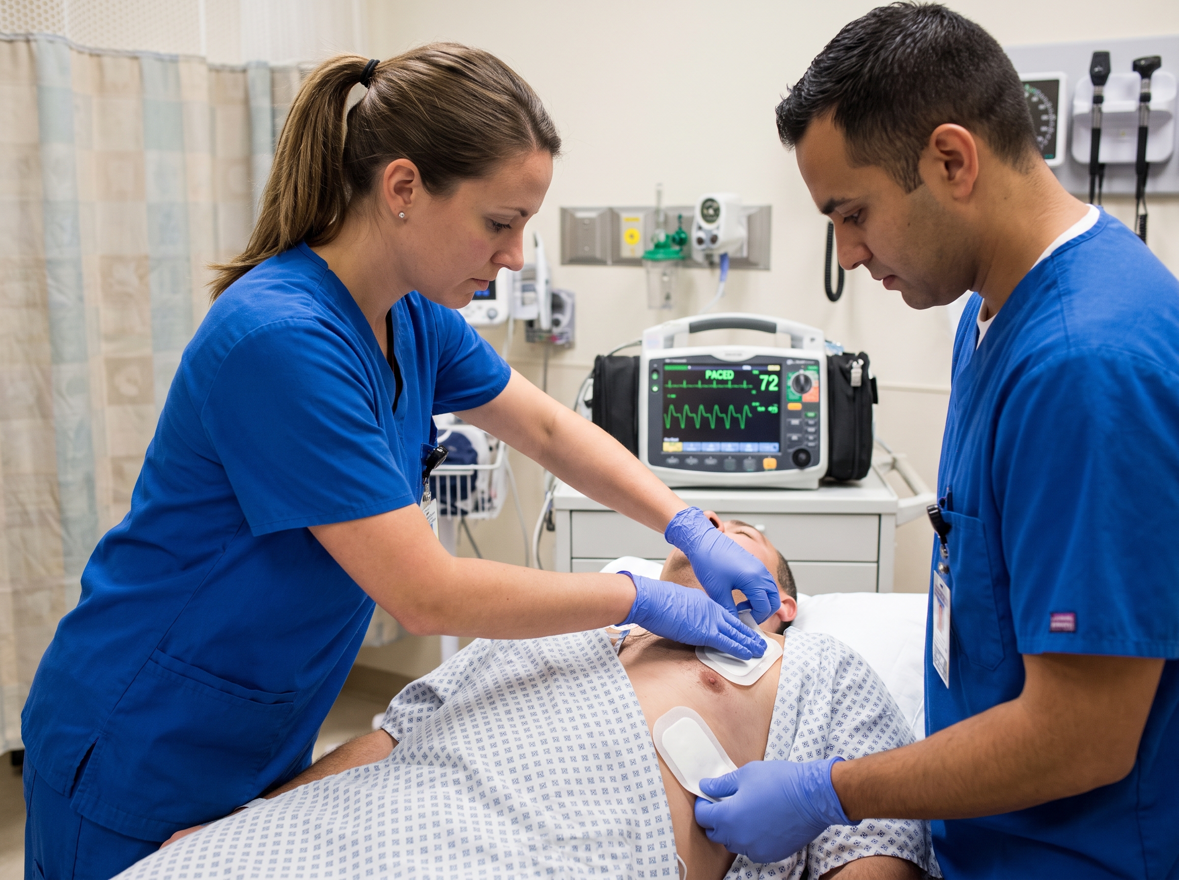 Healthcare providers applying transcutaneous pacing pads in the emergency department
