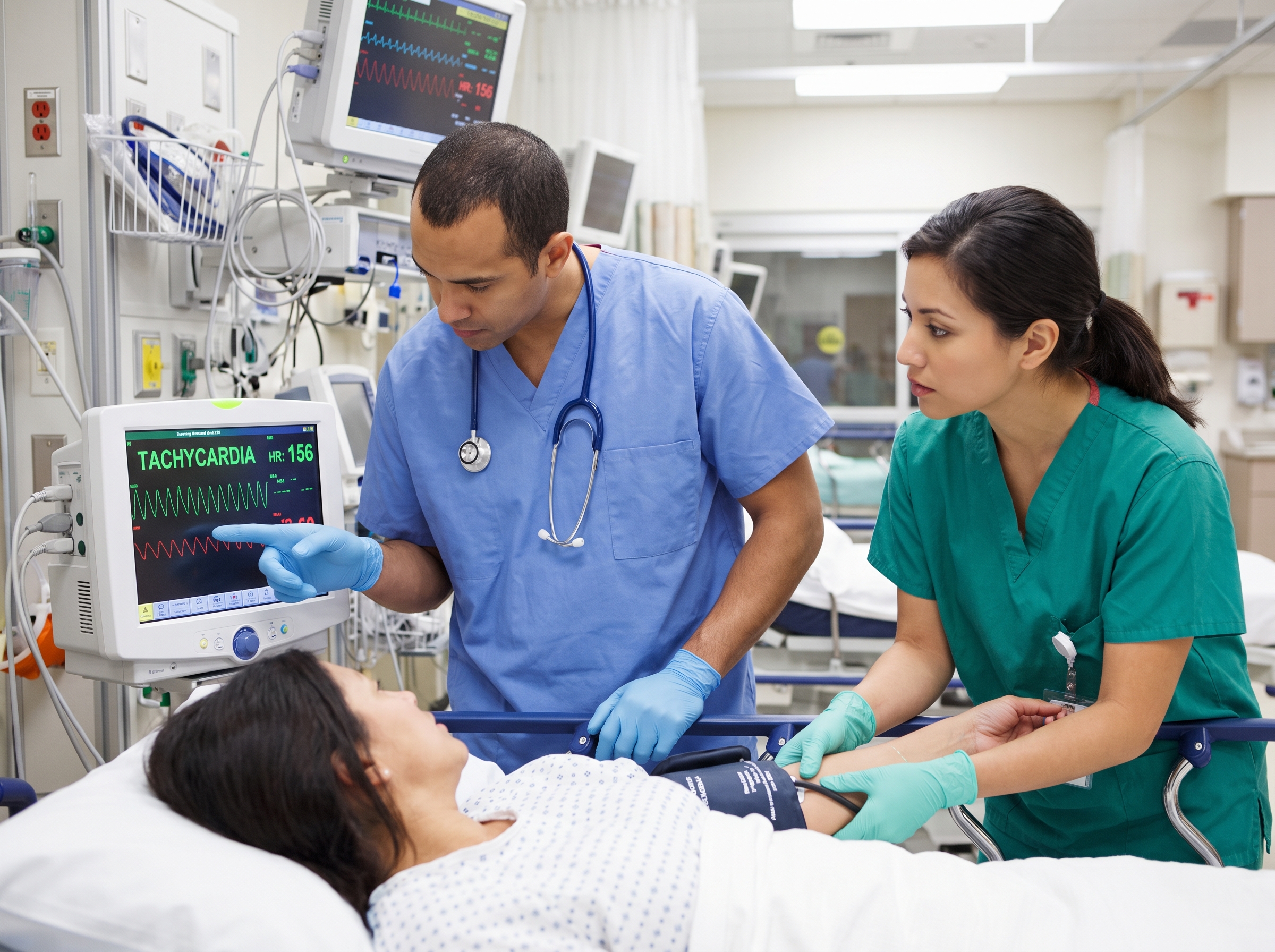 Emergency care team assessing a patient's cardiac monitor to judge hemodynamic stability during tachycardia