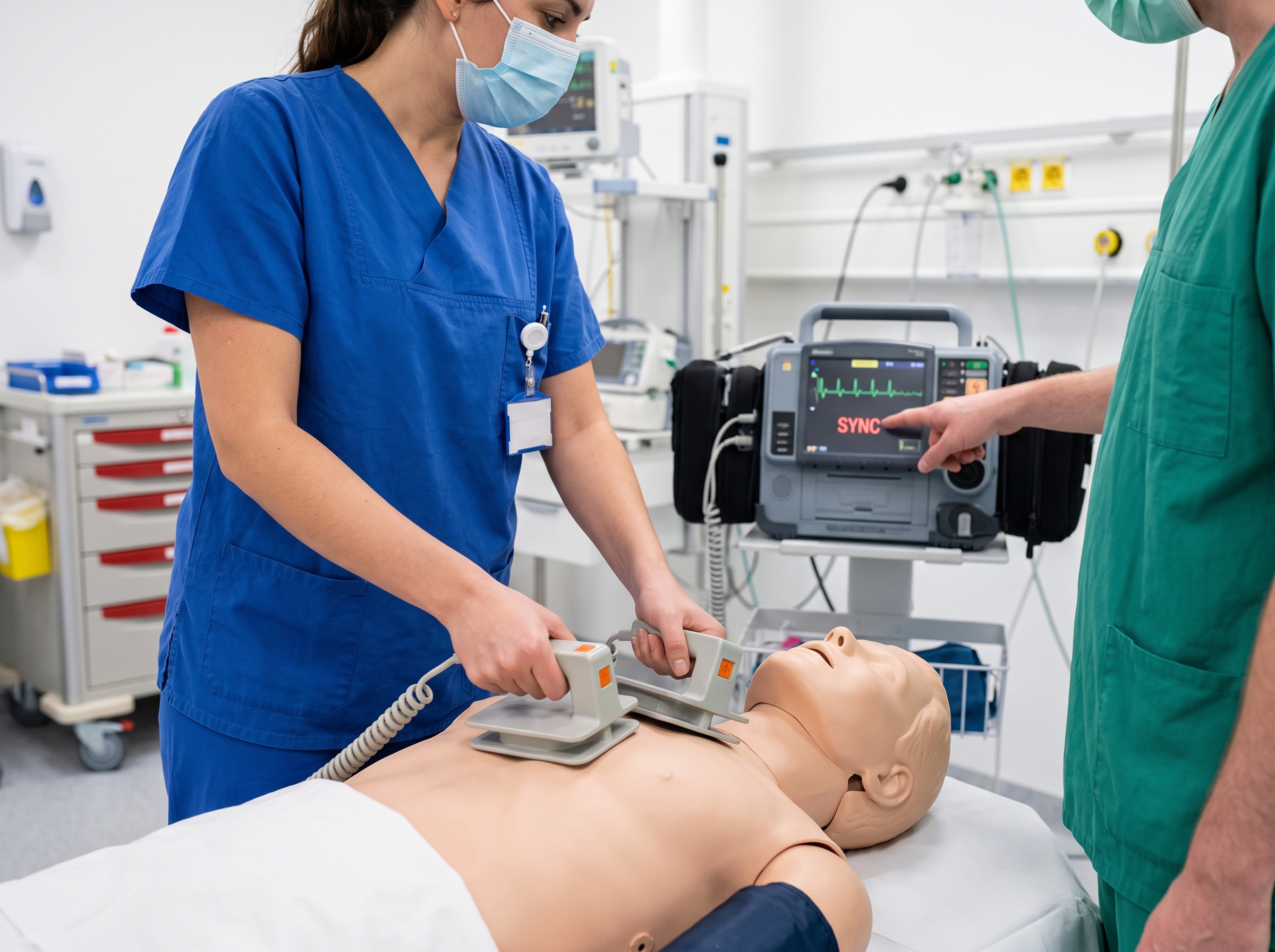 Healthcare providers preparing to deliver synchronized cardioversion during a simulated unstable tachycardia scenario