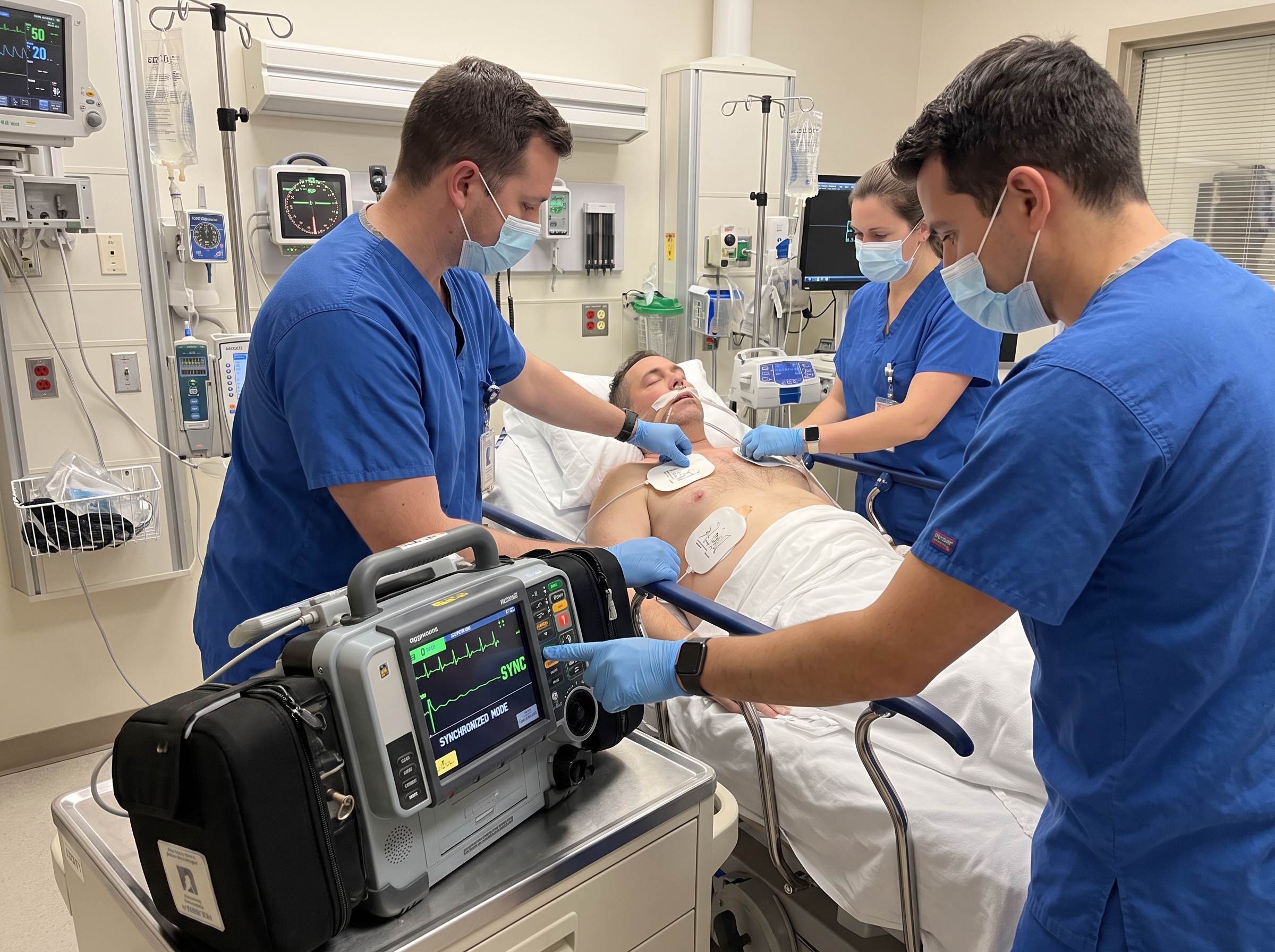 Medical team performing synchronized cardioversion with a biphasic defibrillator in synchronized mode