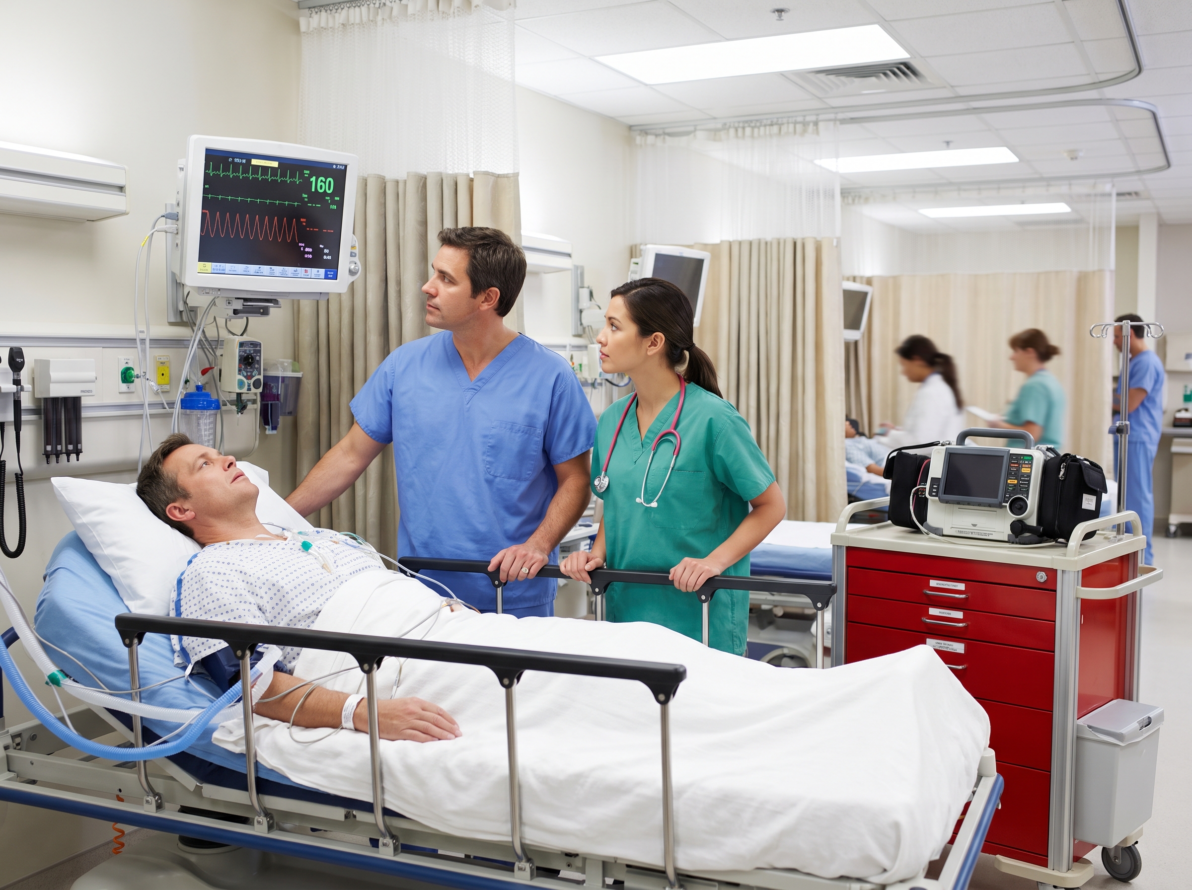Emergency medicine providers assessing a patient's narrow-complex tachycardia on a cardiac monitor