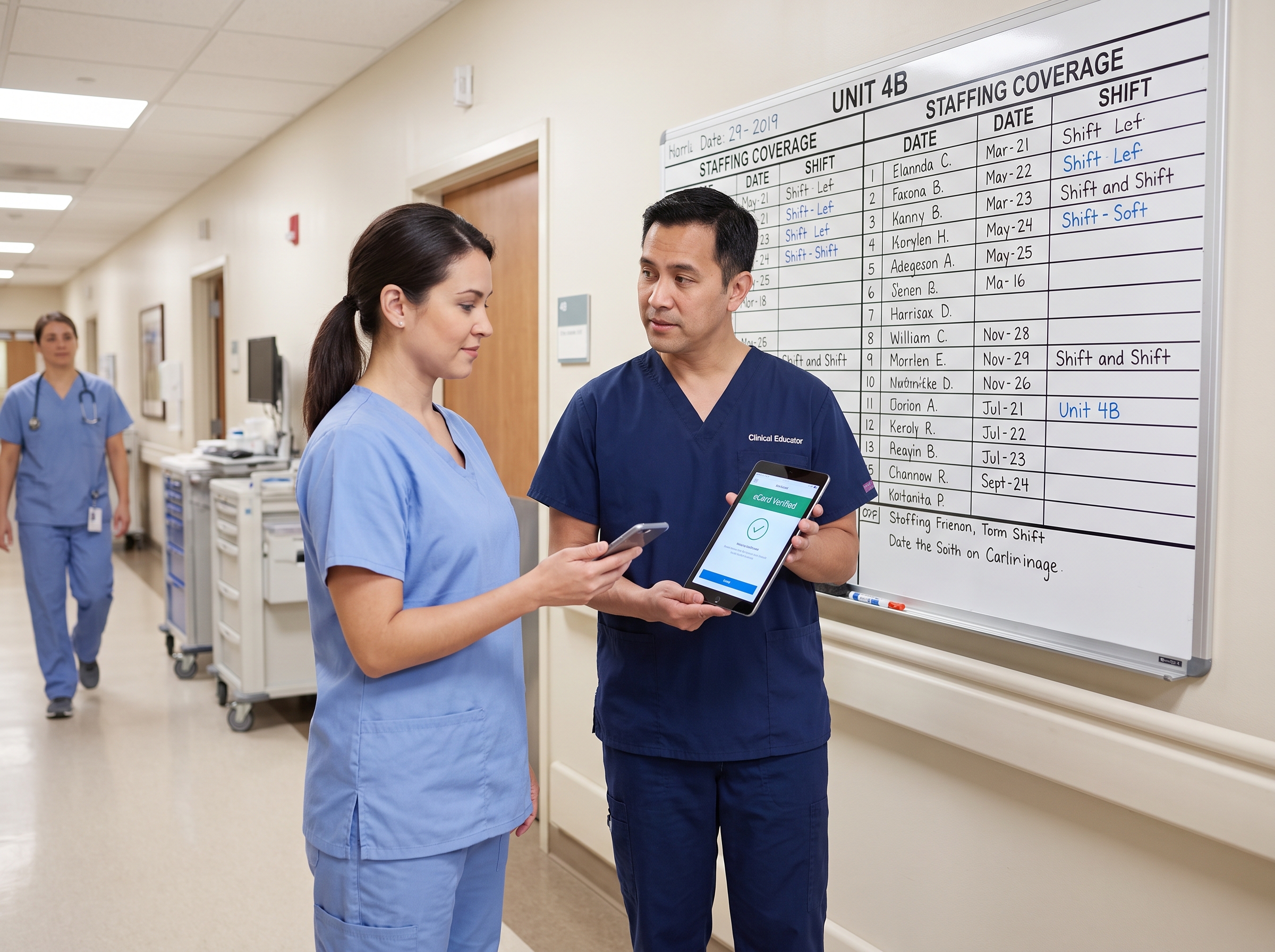 Clinical educator verifying a staff member's certification eCard near a staffing coverage board