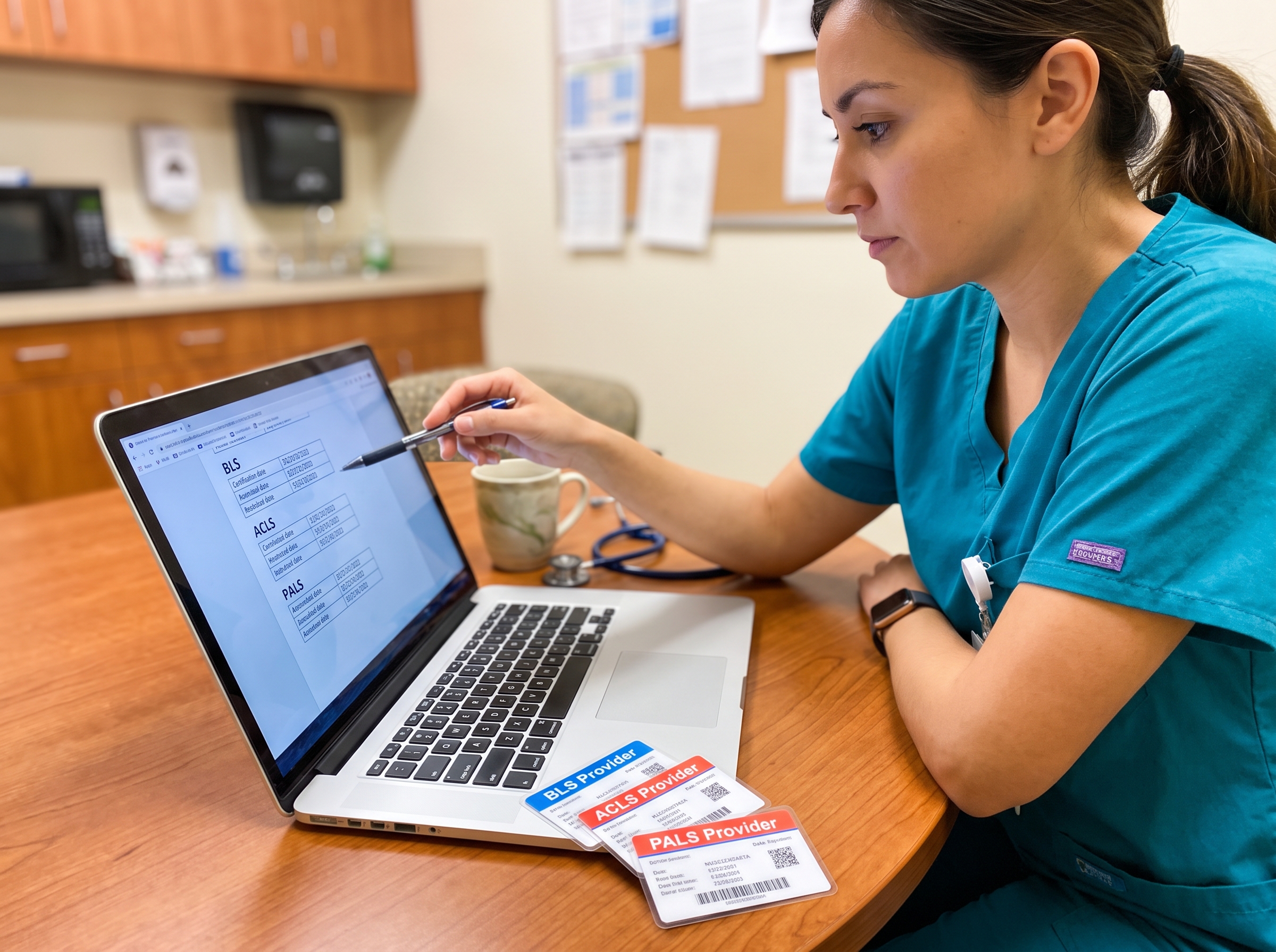 Nurse reviewing ACLS, BLS, and PALS certification expiration dates on a laptop
