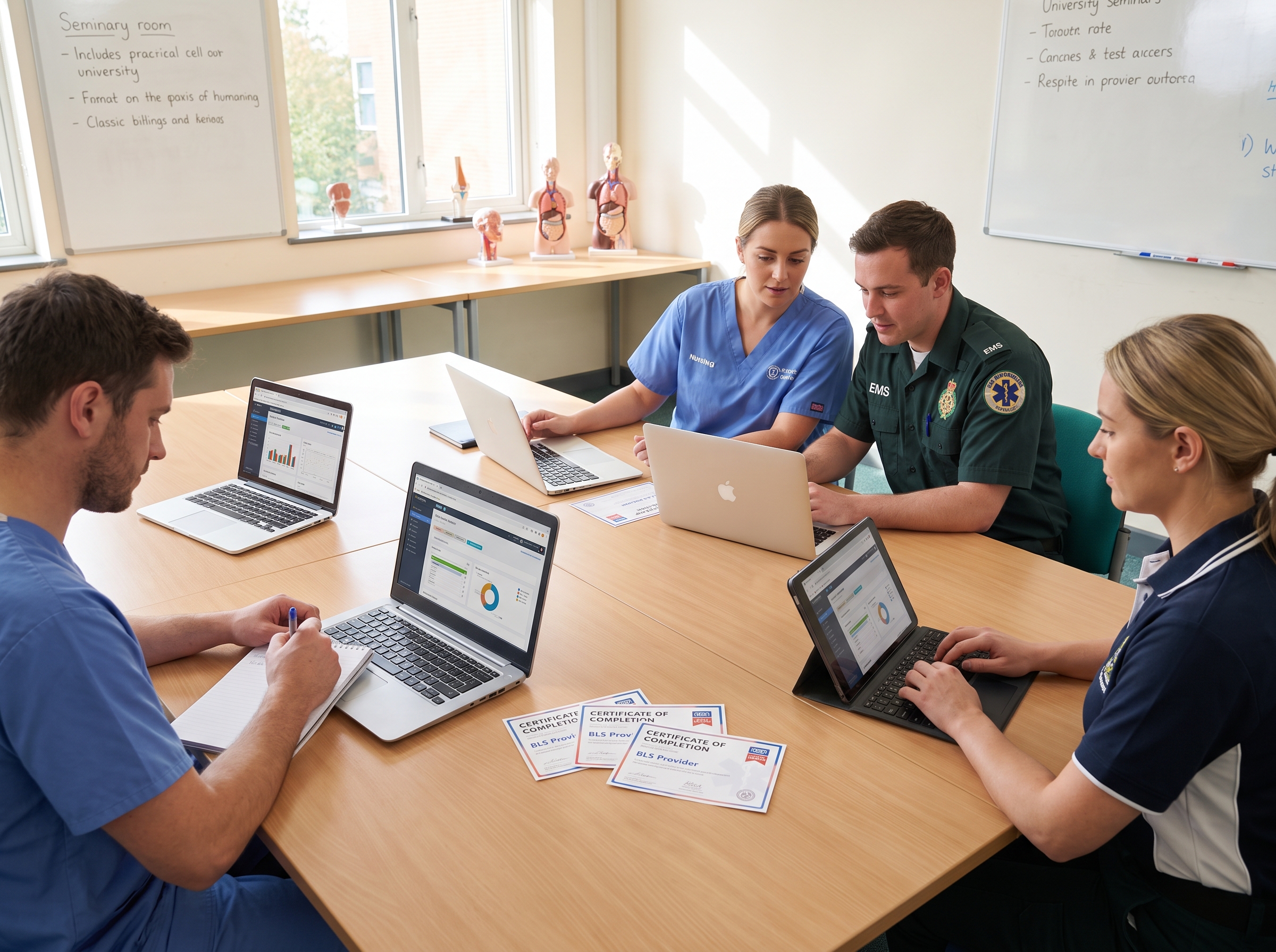 Nursing and EMS students completing online certification coursework together before a clinical placement deadline