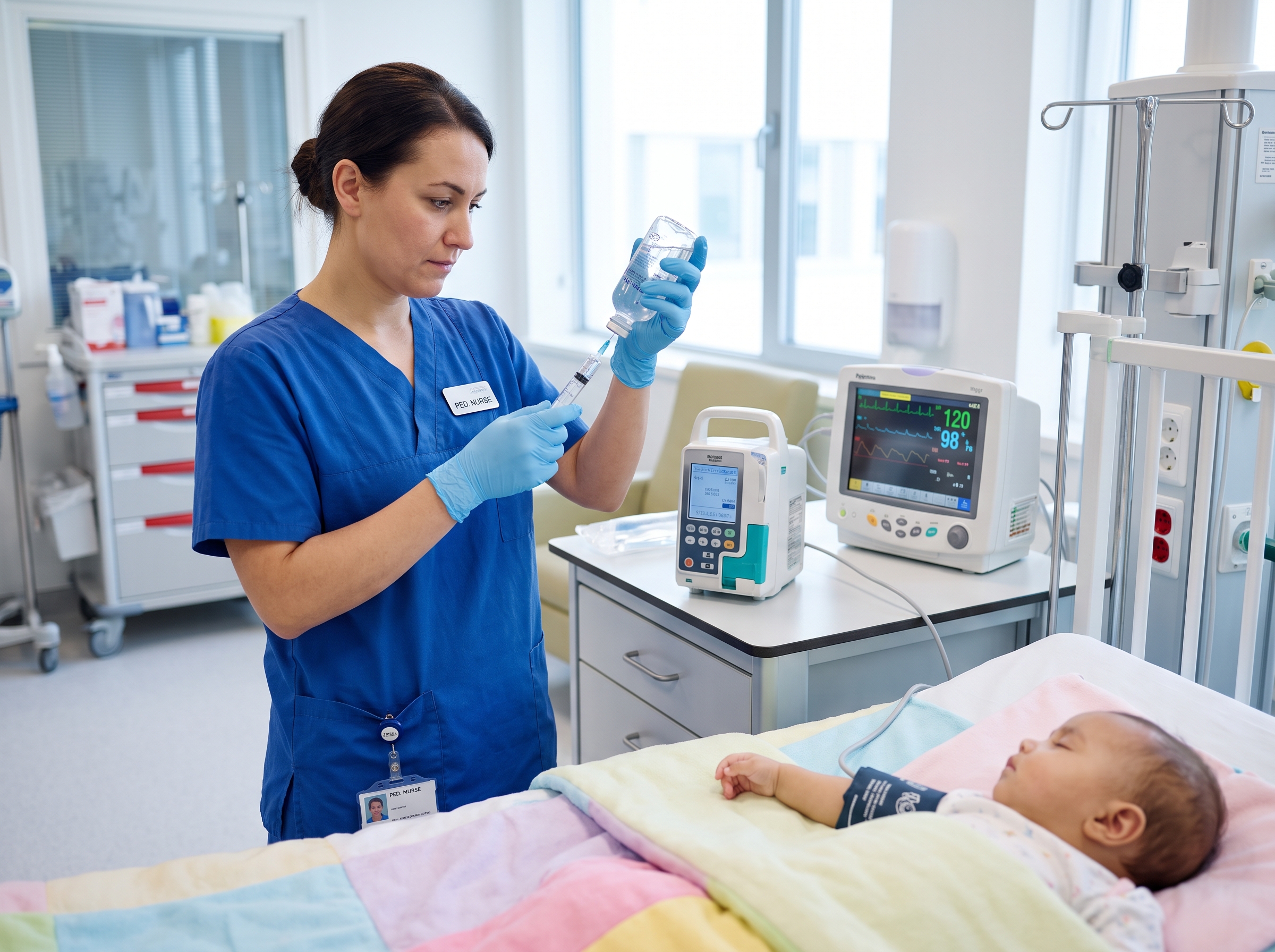 Clinician preparing a cautious IV fluid bolus for a pediatric patient