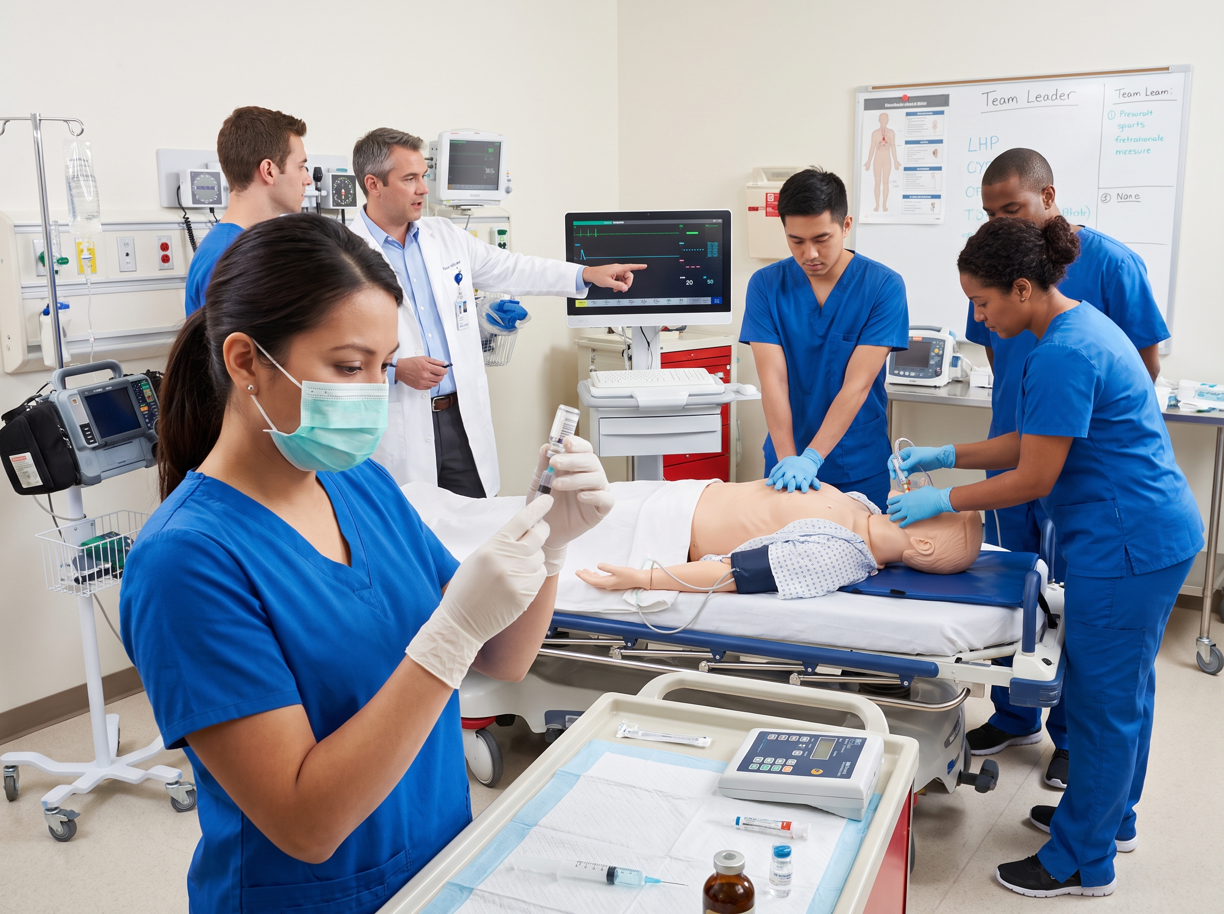 Code team practicing medication administration during a simulated cardiac arrest