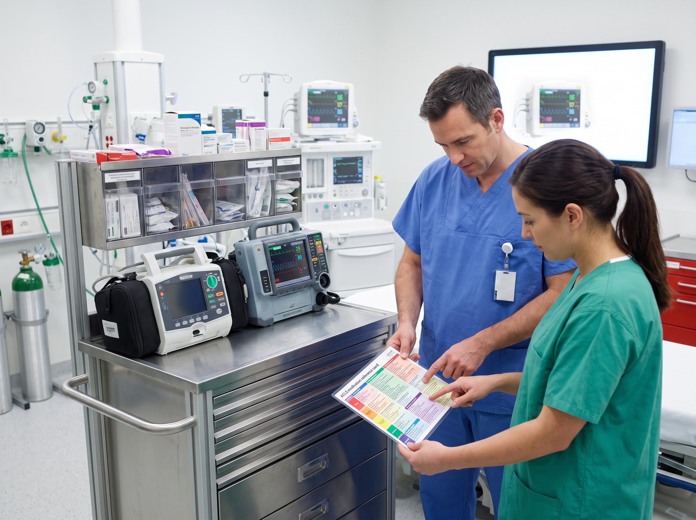 Clinicians reviewing ACLS medication reference card at a crash cart