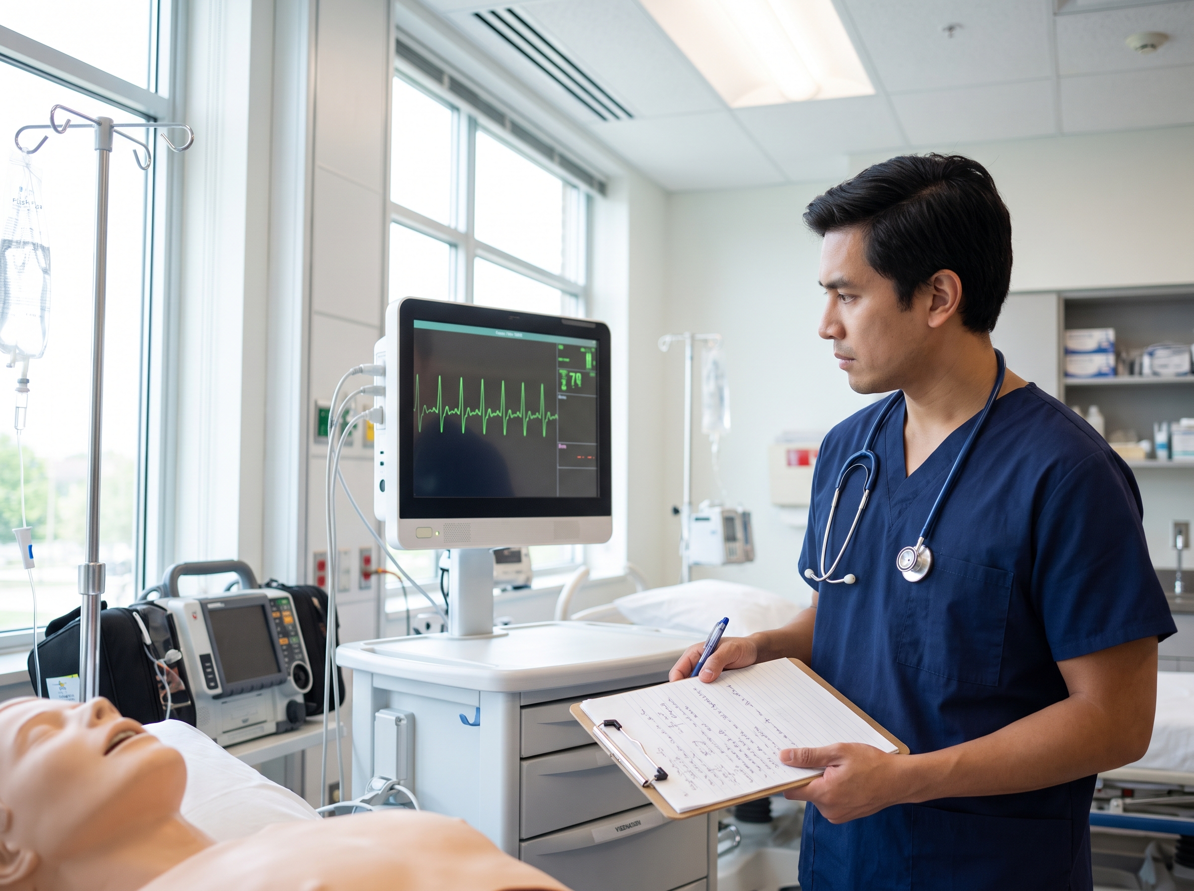 Clinician reviewing a rhythm strip on a cardiac monitor