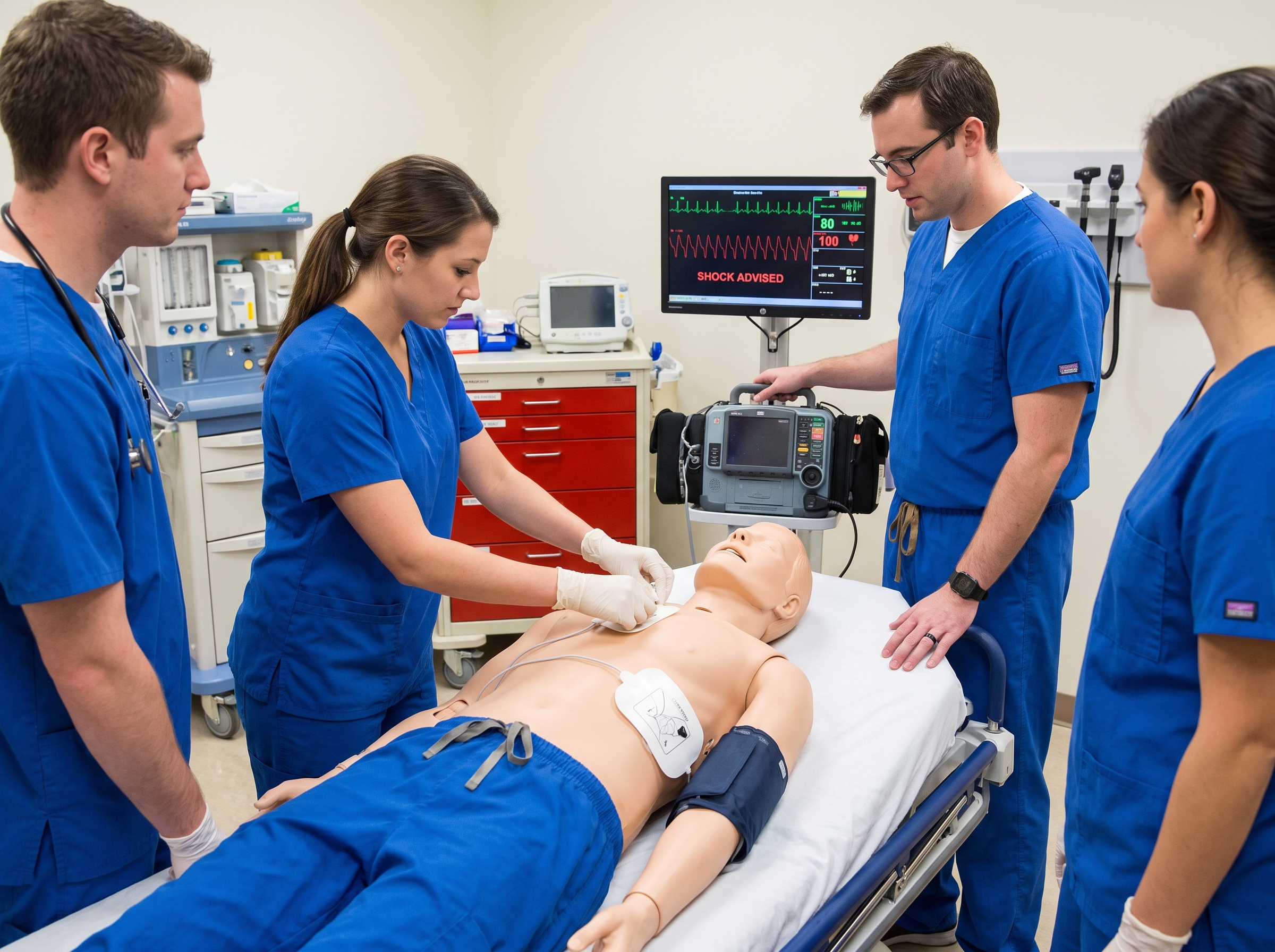Resuscitation team practicing defibrillation during a mock code