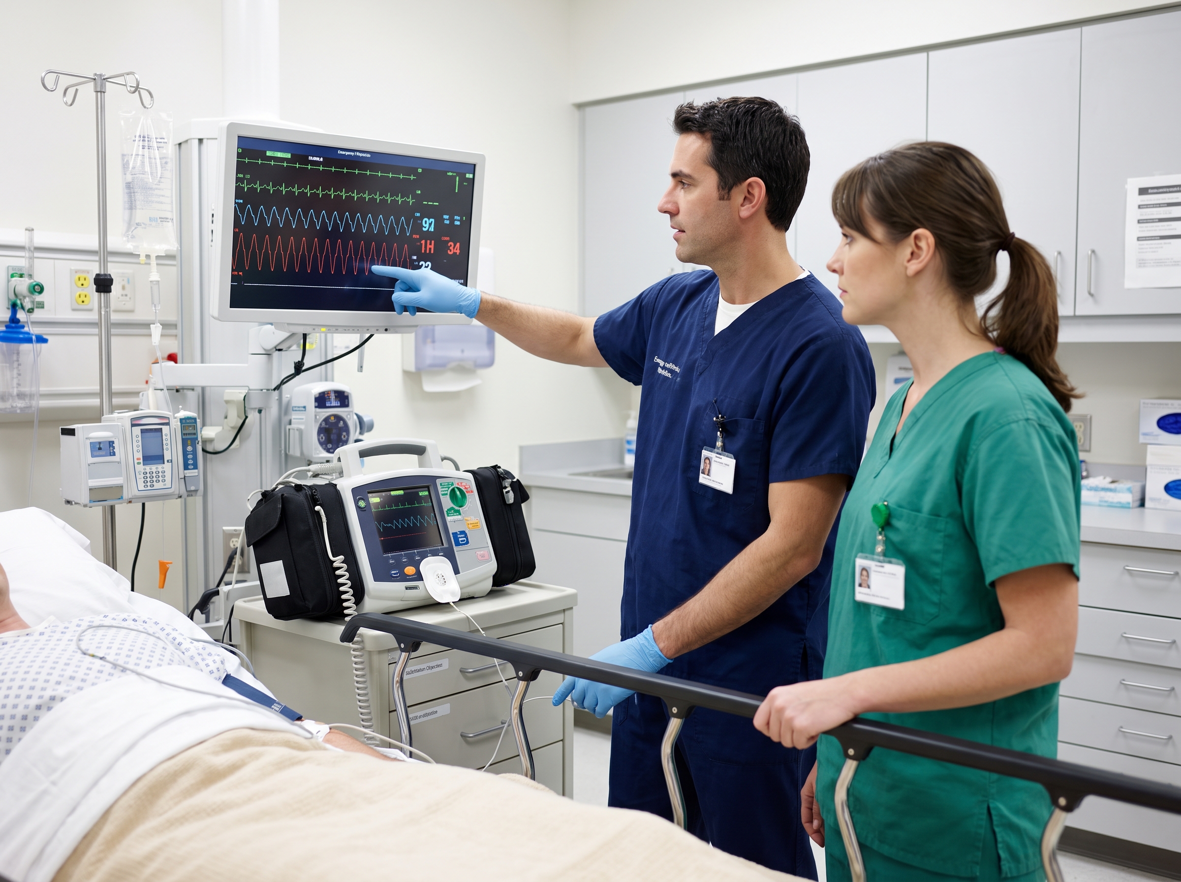 Clinicians reviewing a wide-complex tachycardia on a bedside monitor