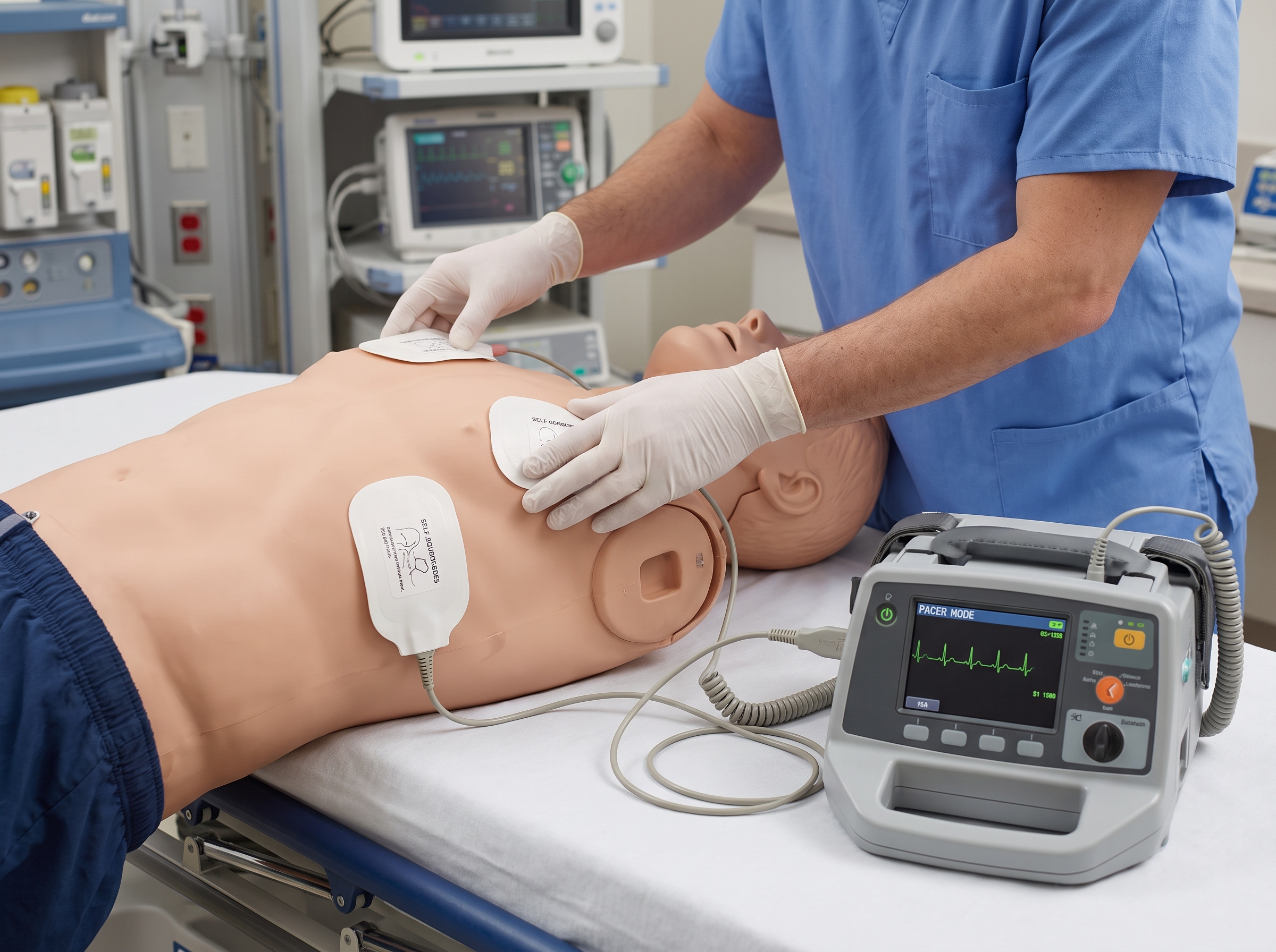 Transcutaneous pacing pad placement on a training mannequin
