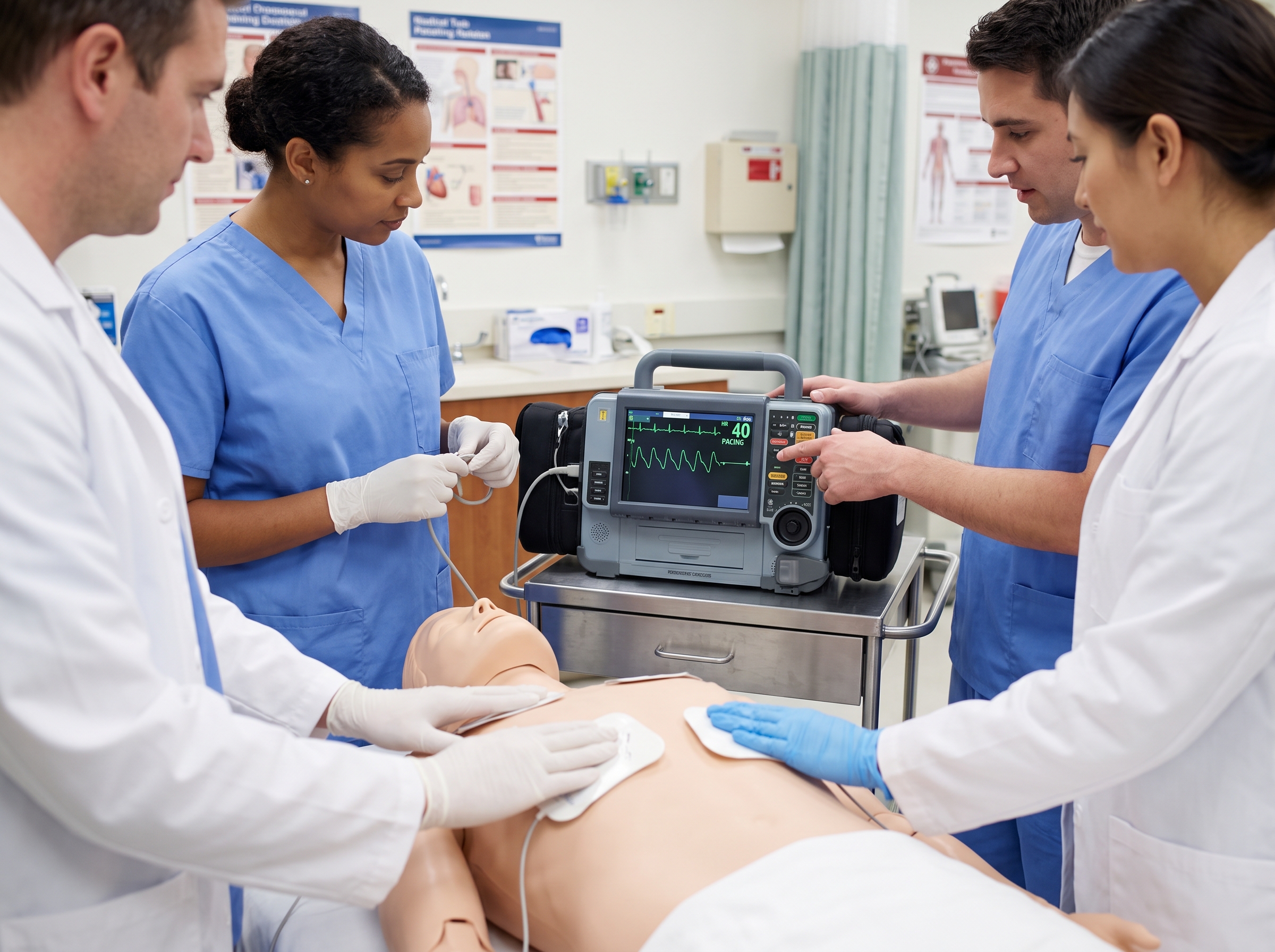 Team applying transcutaneous pacing pads during bradycardia training