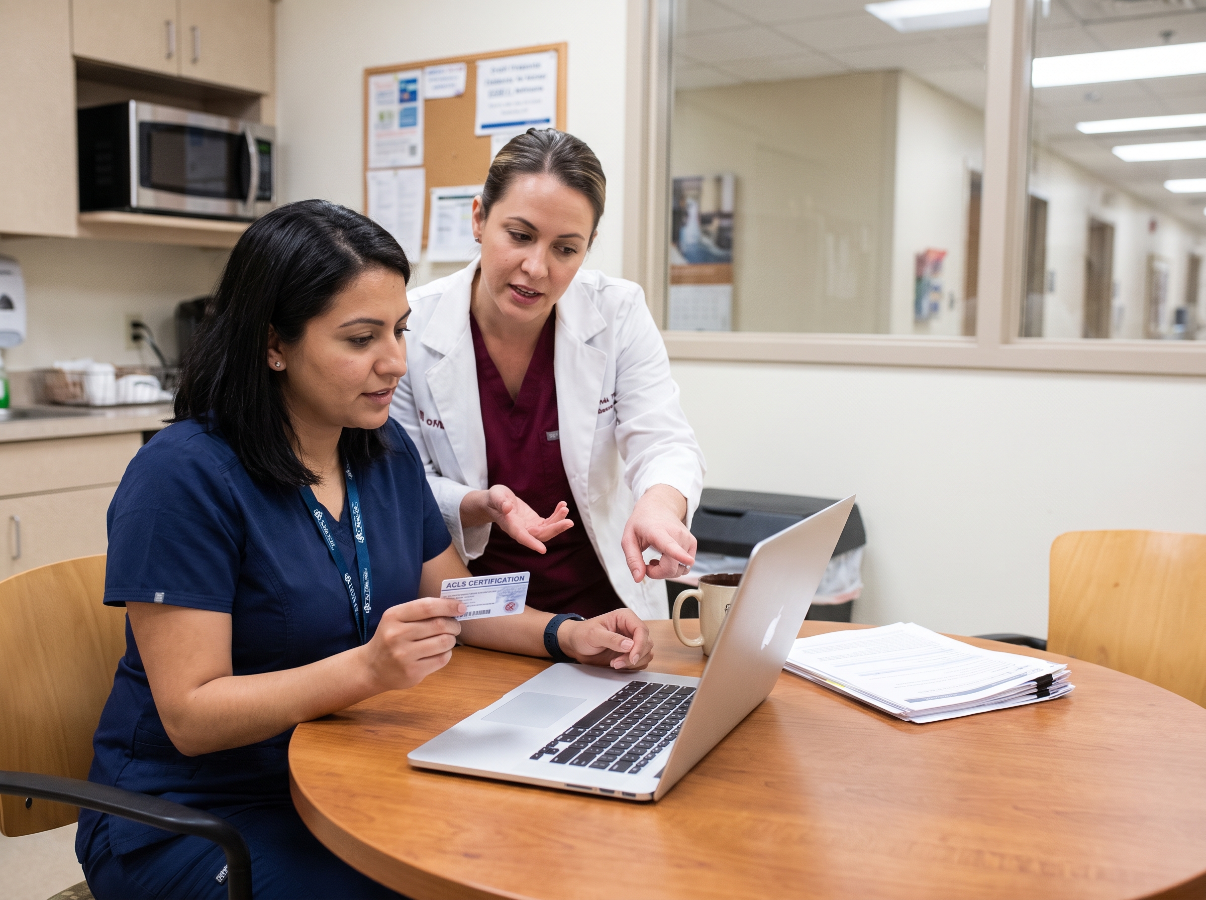 Nurse reviewing ACLS certification requirements with a manager