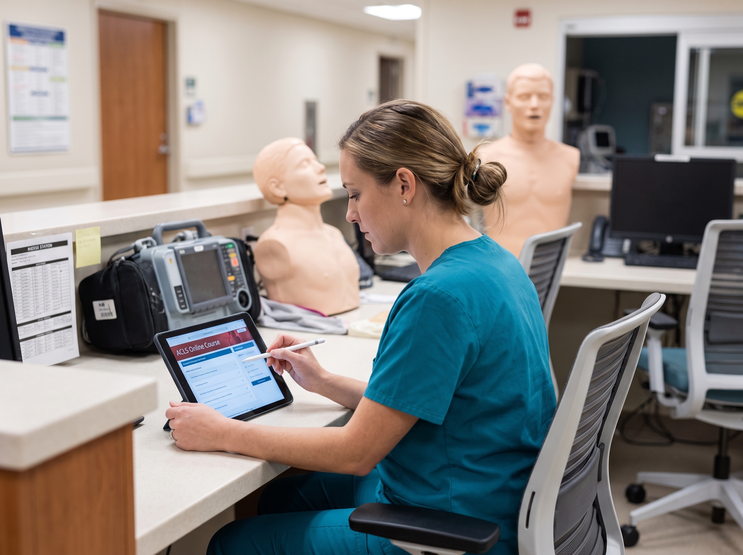 Clinician completing online ACLS course on a tablet
