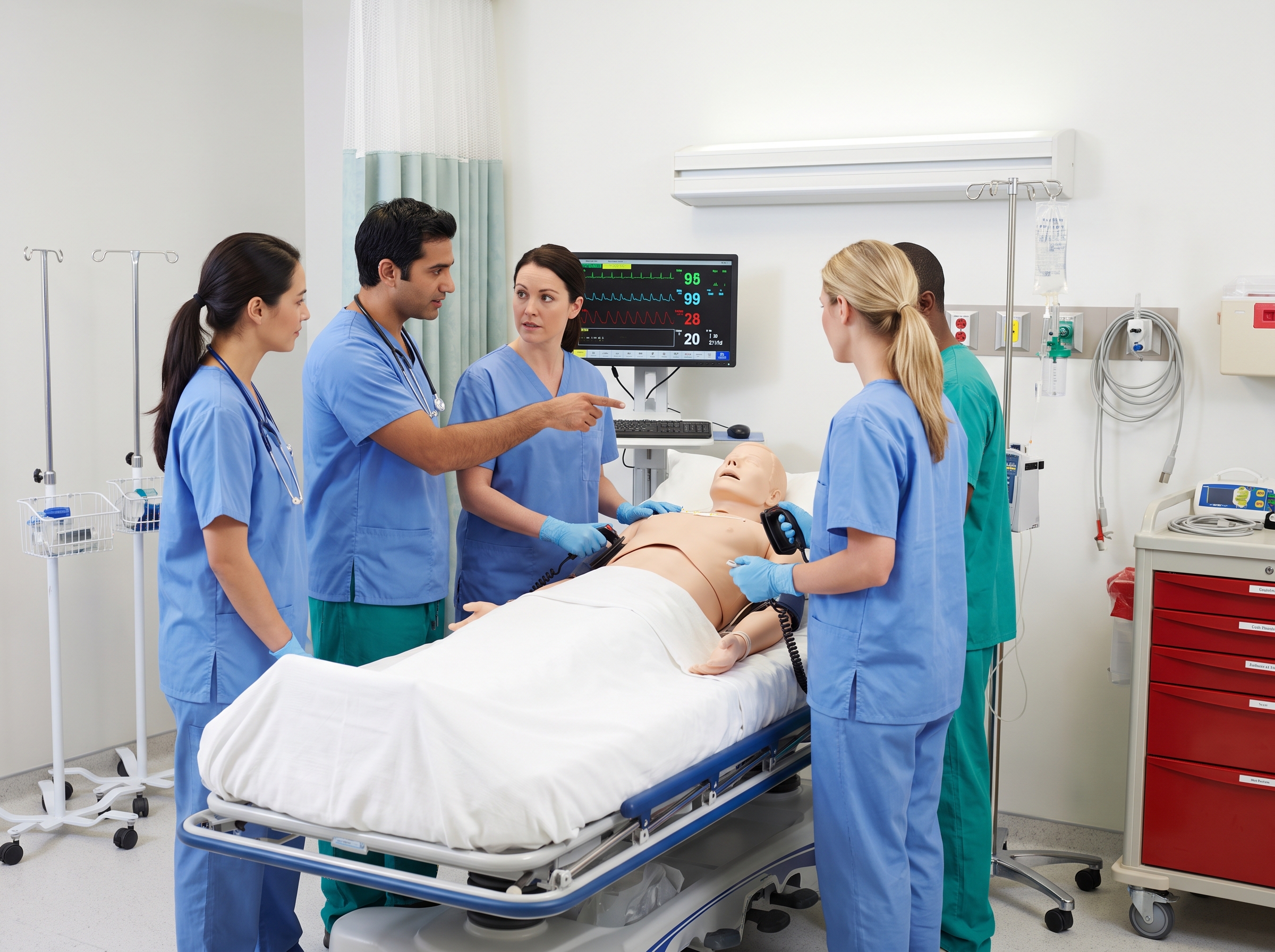 Healthcare team running a simulated megacode on a training mannequin