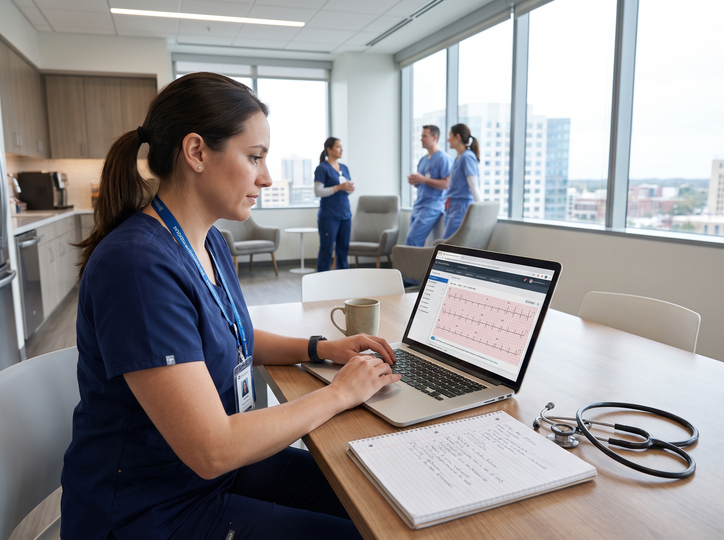 Clinician studying ACLS rhythm strips on a laptop before the exam