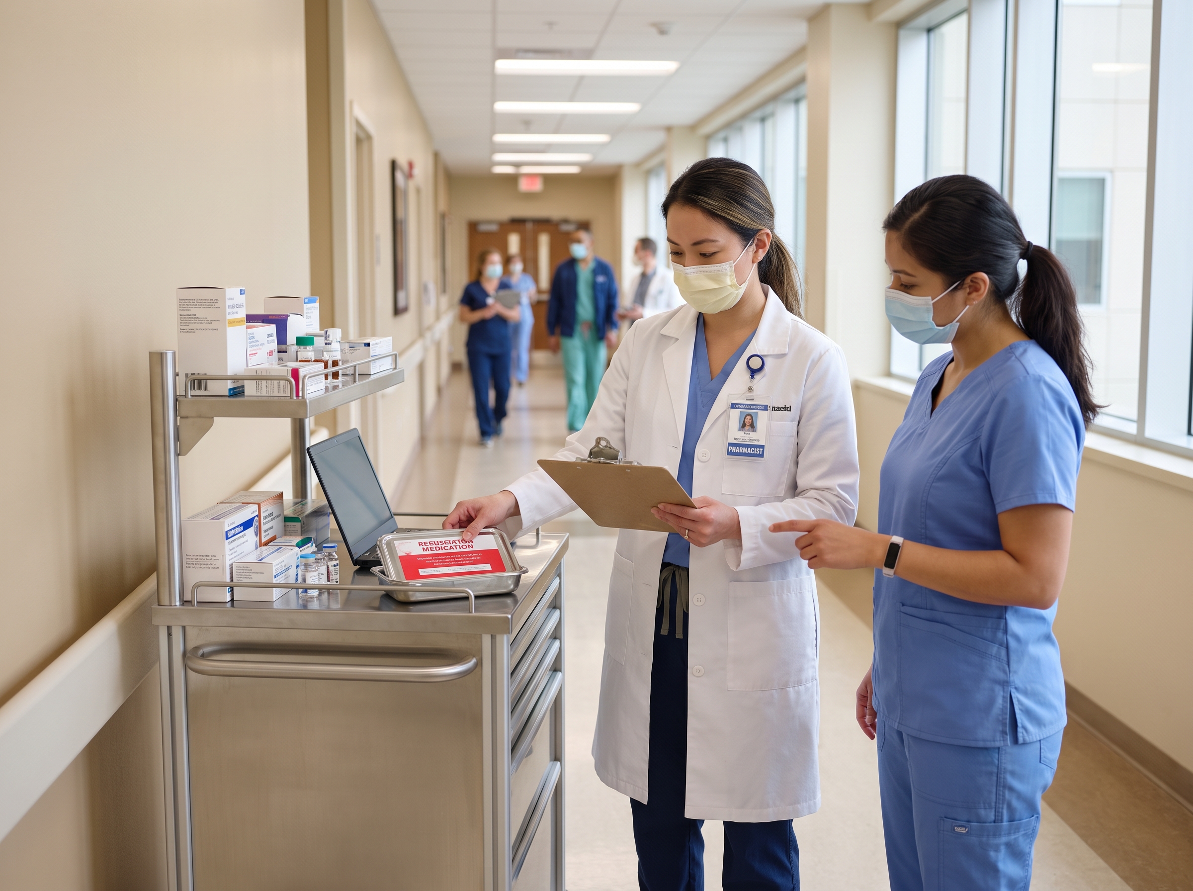 Hospital pharmacist reviewing emergency medication tray
