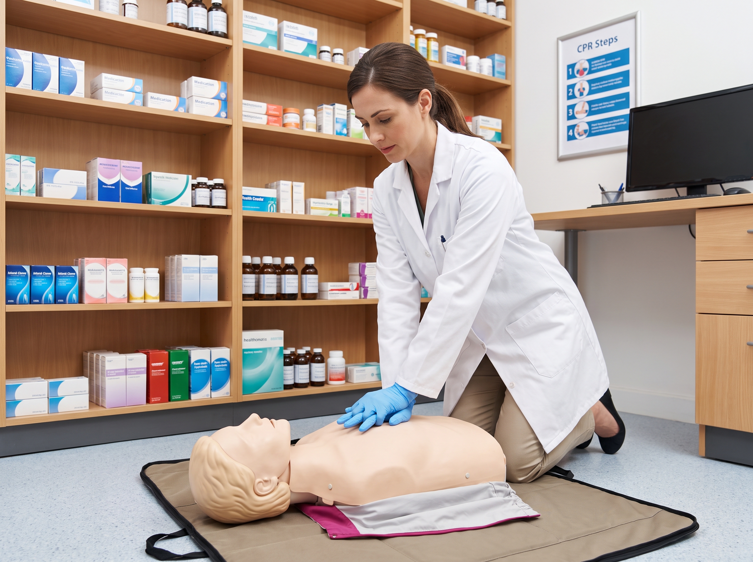 Pharmacist practicing CPR on a training mannequin