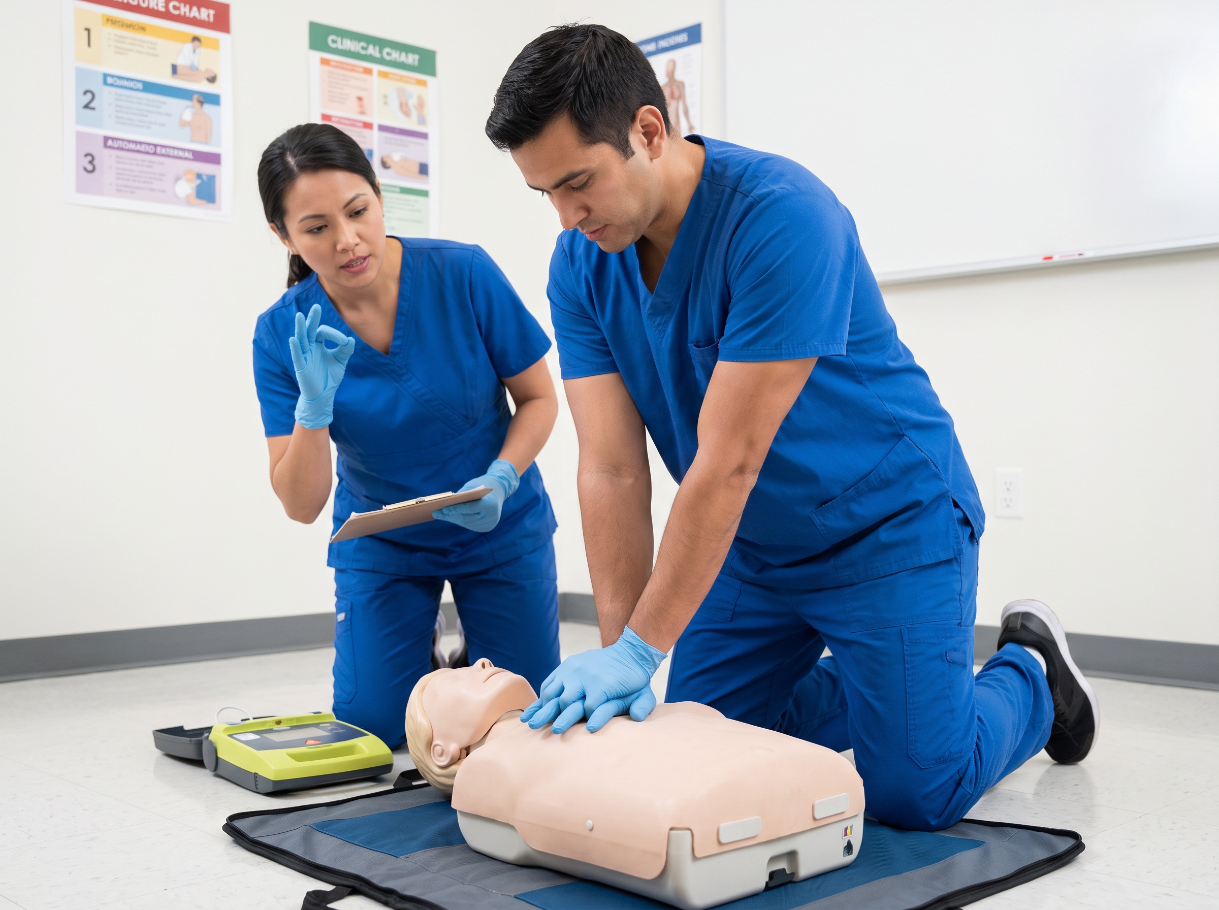 BLS skills practice with chest compressions on a manikin