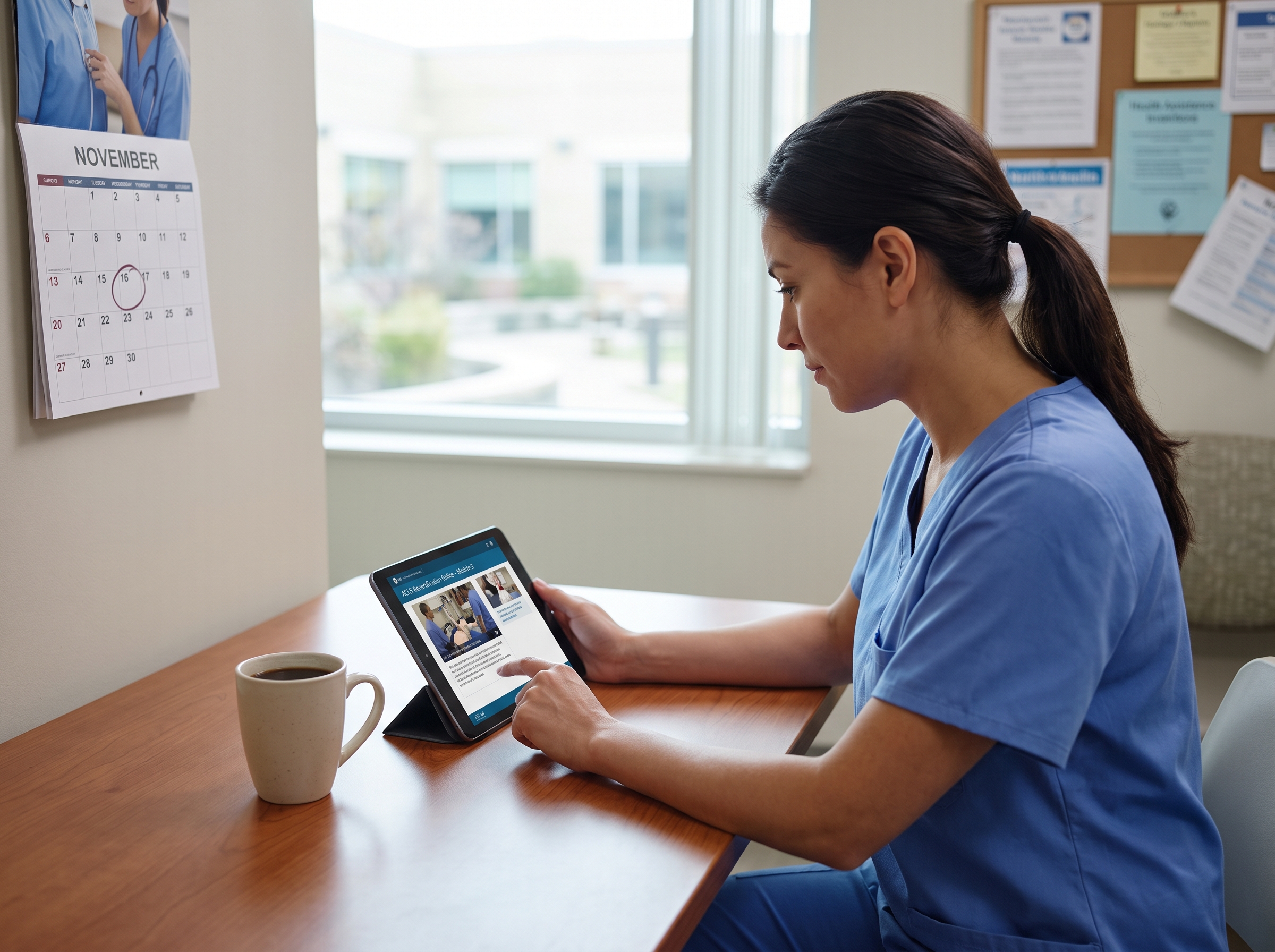 Nurse completing online ACLS recertification on a tablet