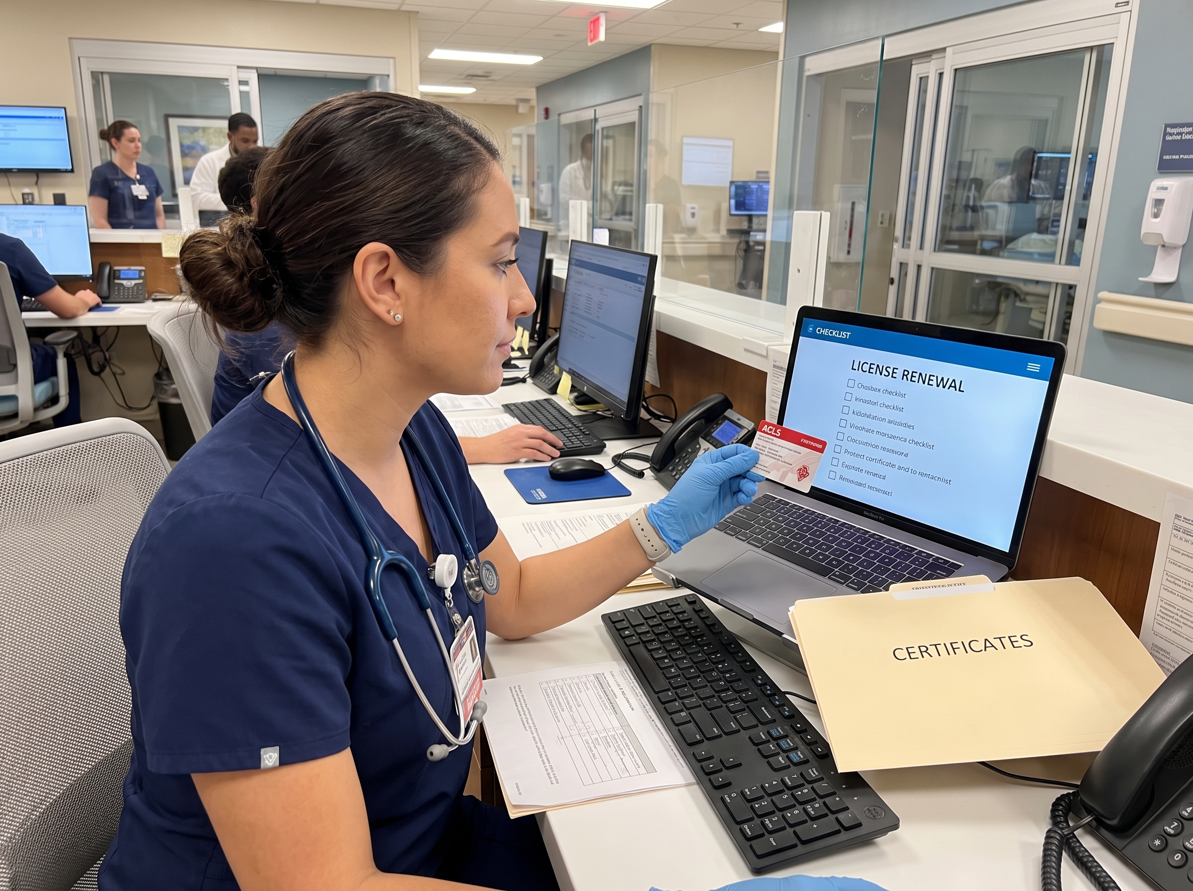 Nurse comparing license renewal checklist with ACLS card