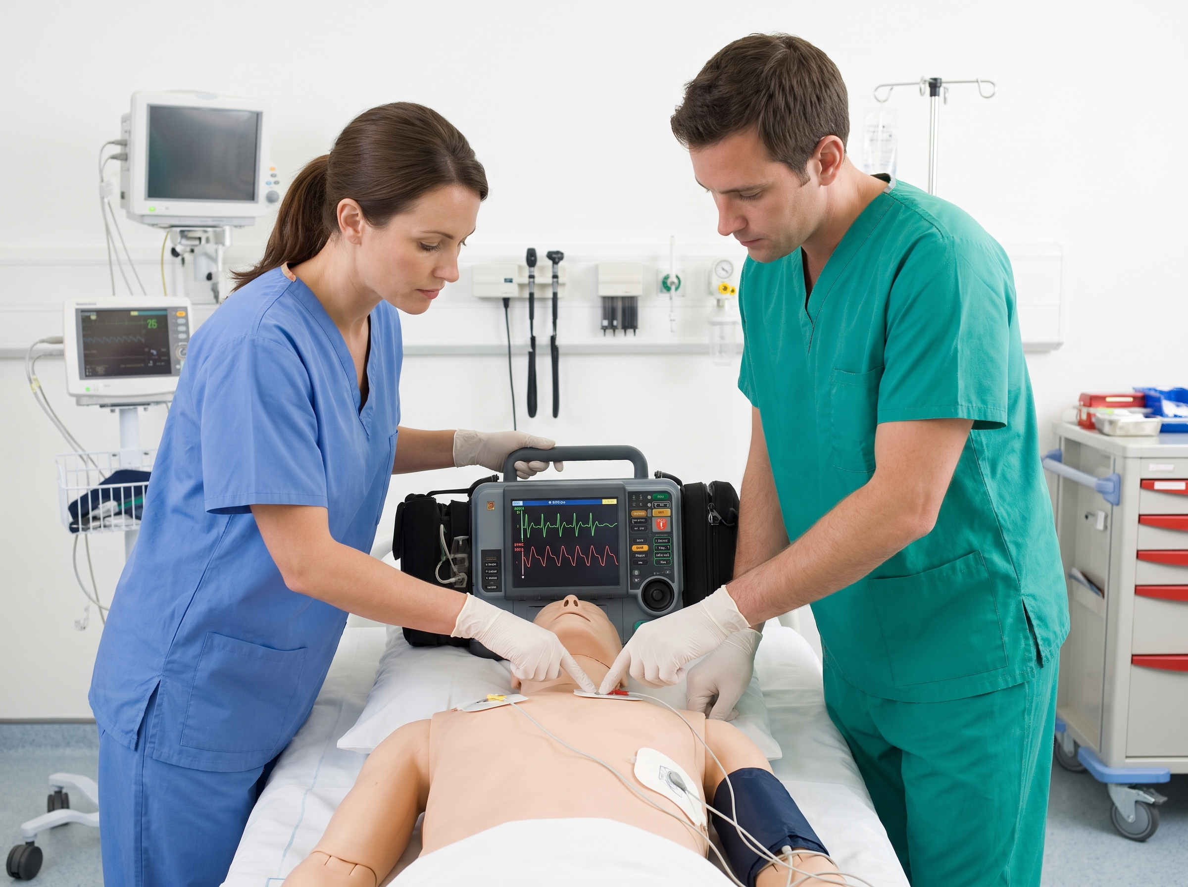 Clinicians preparing synchronized cardioversion on a defibrillator