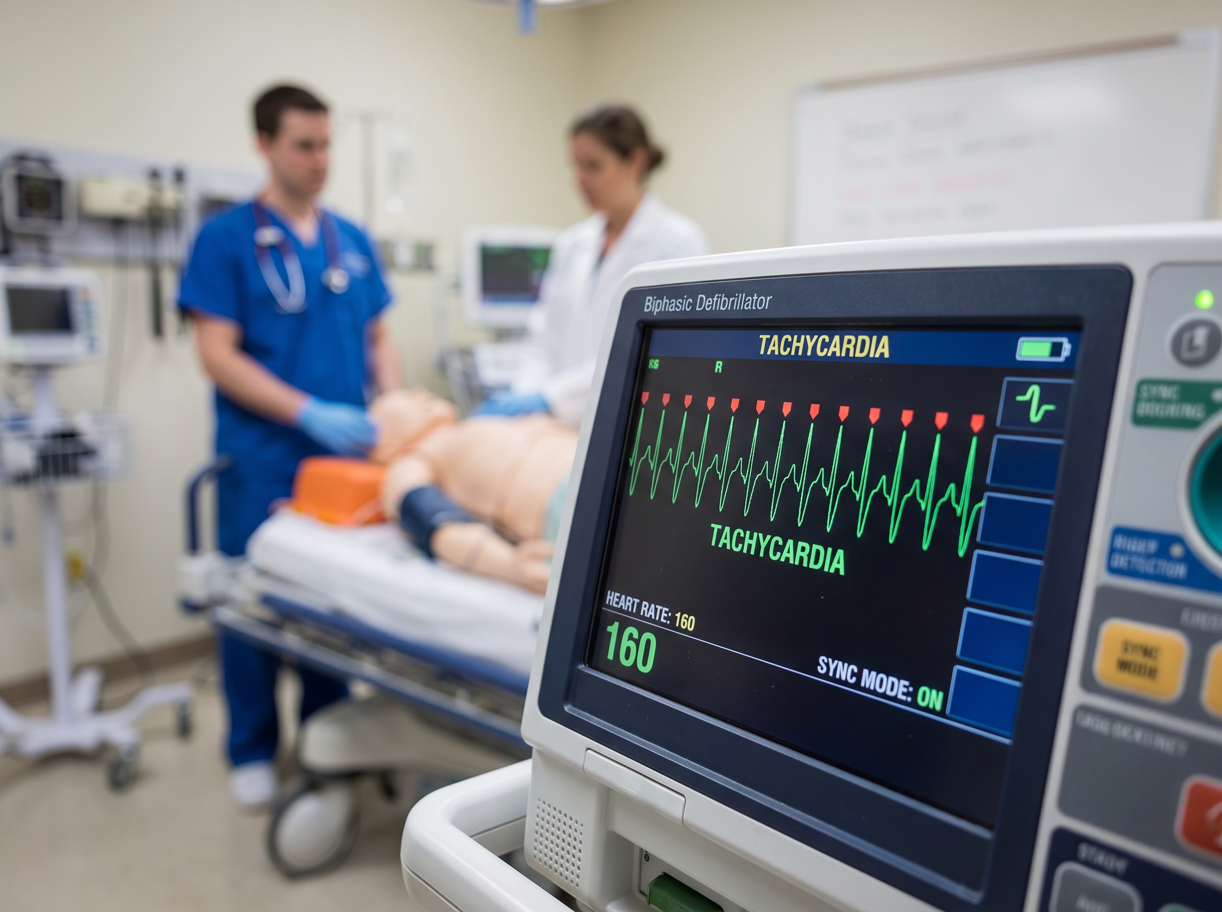 Defibrillator screen showing sync markers on R waves
