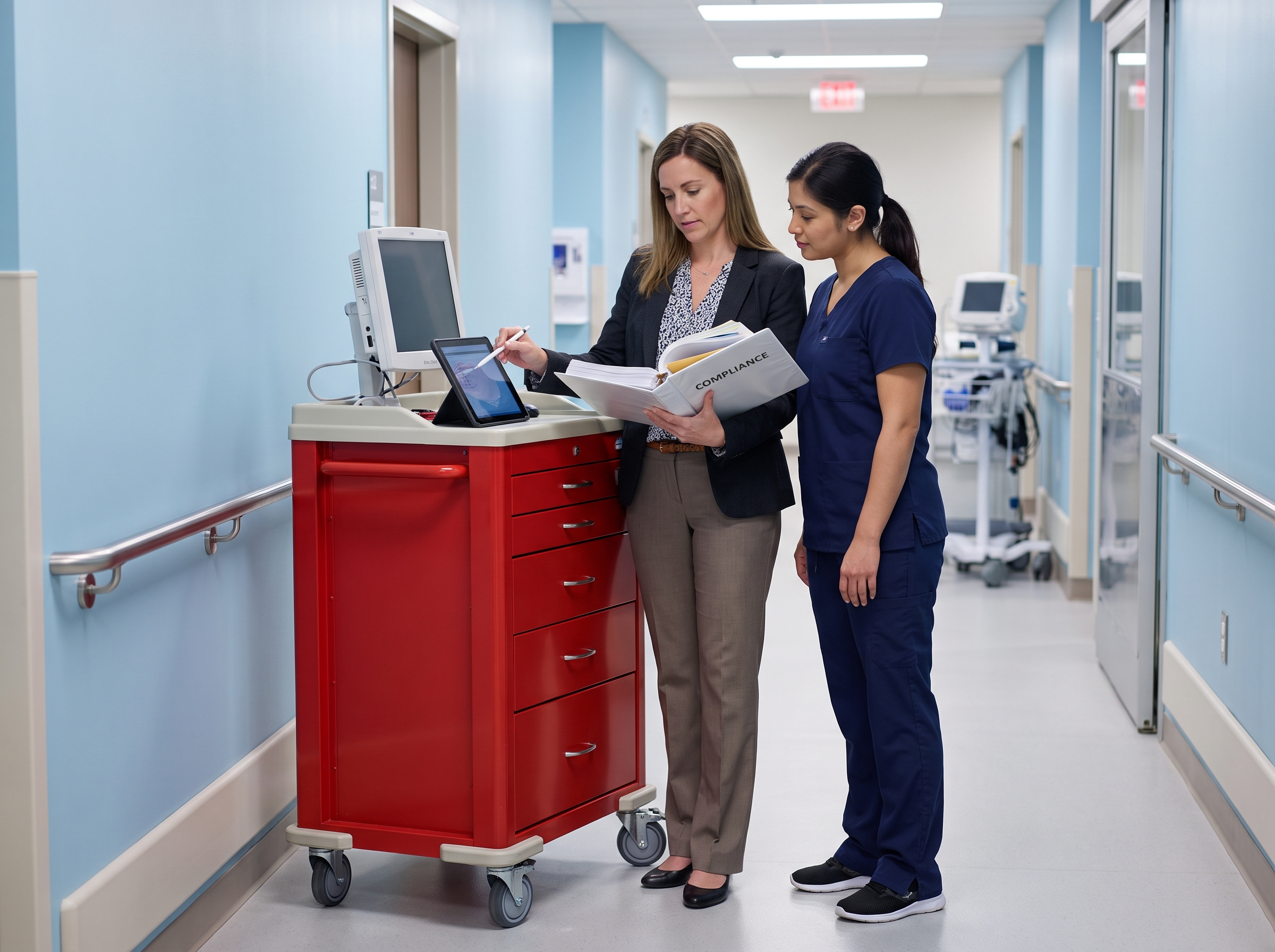 Administrator and nurse reviewing emergency readiness documents beside a crash cart
