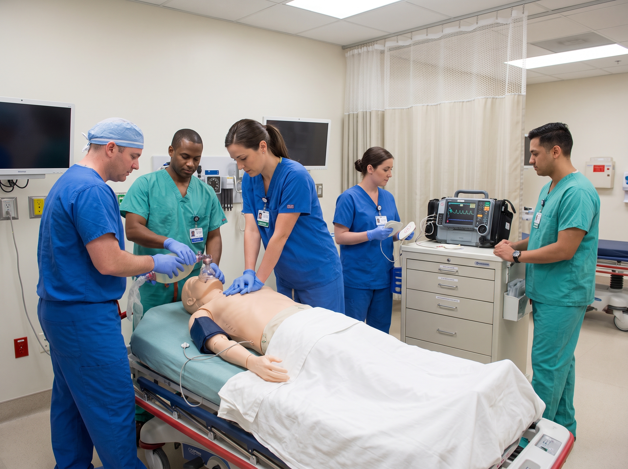 Surgery center team running a mock code in a recovery bay