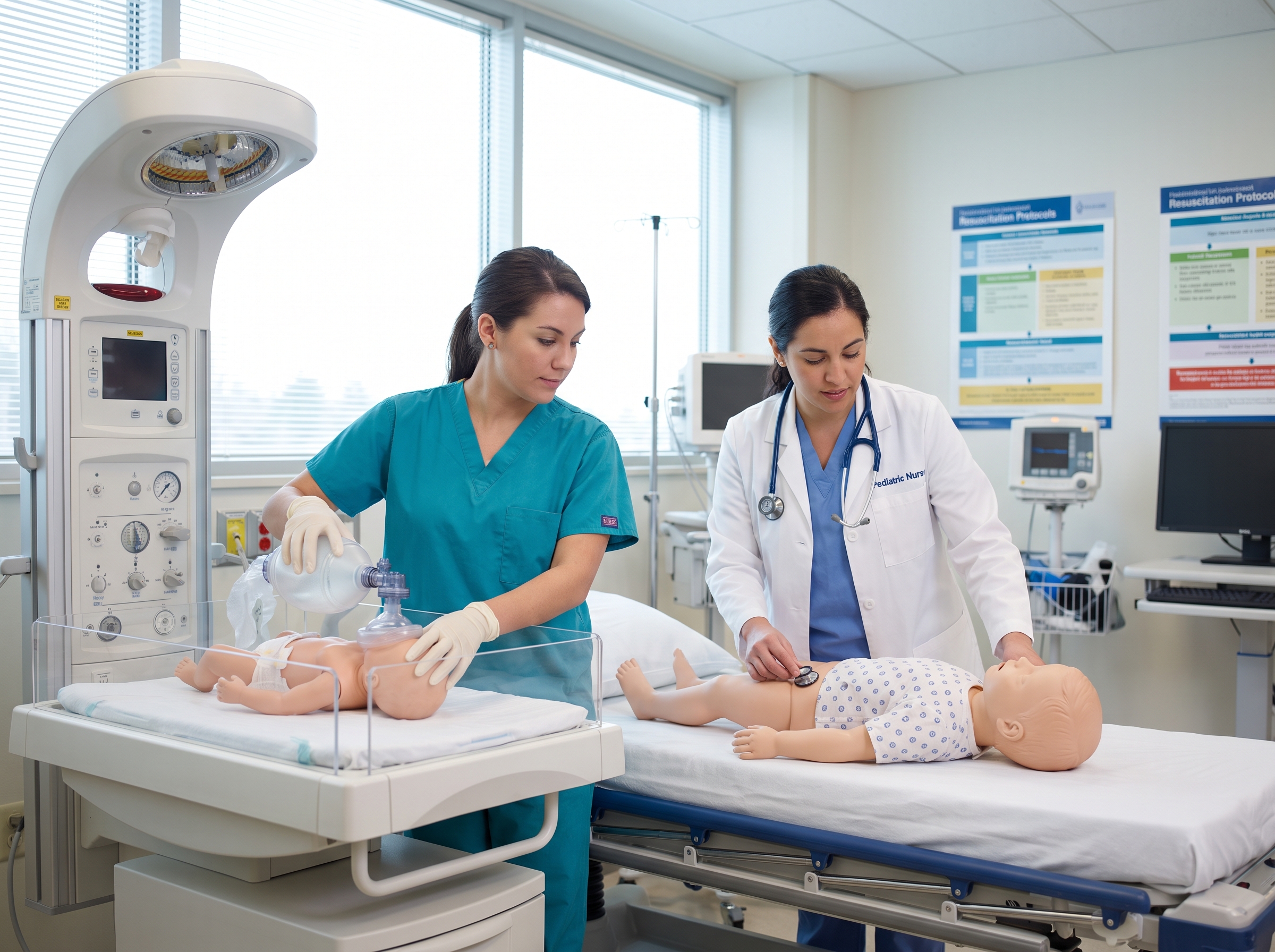 Neonatal and pediatric nurses practicing resuscitation skills on infant manikins