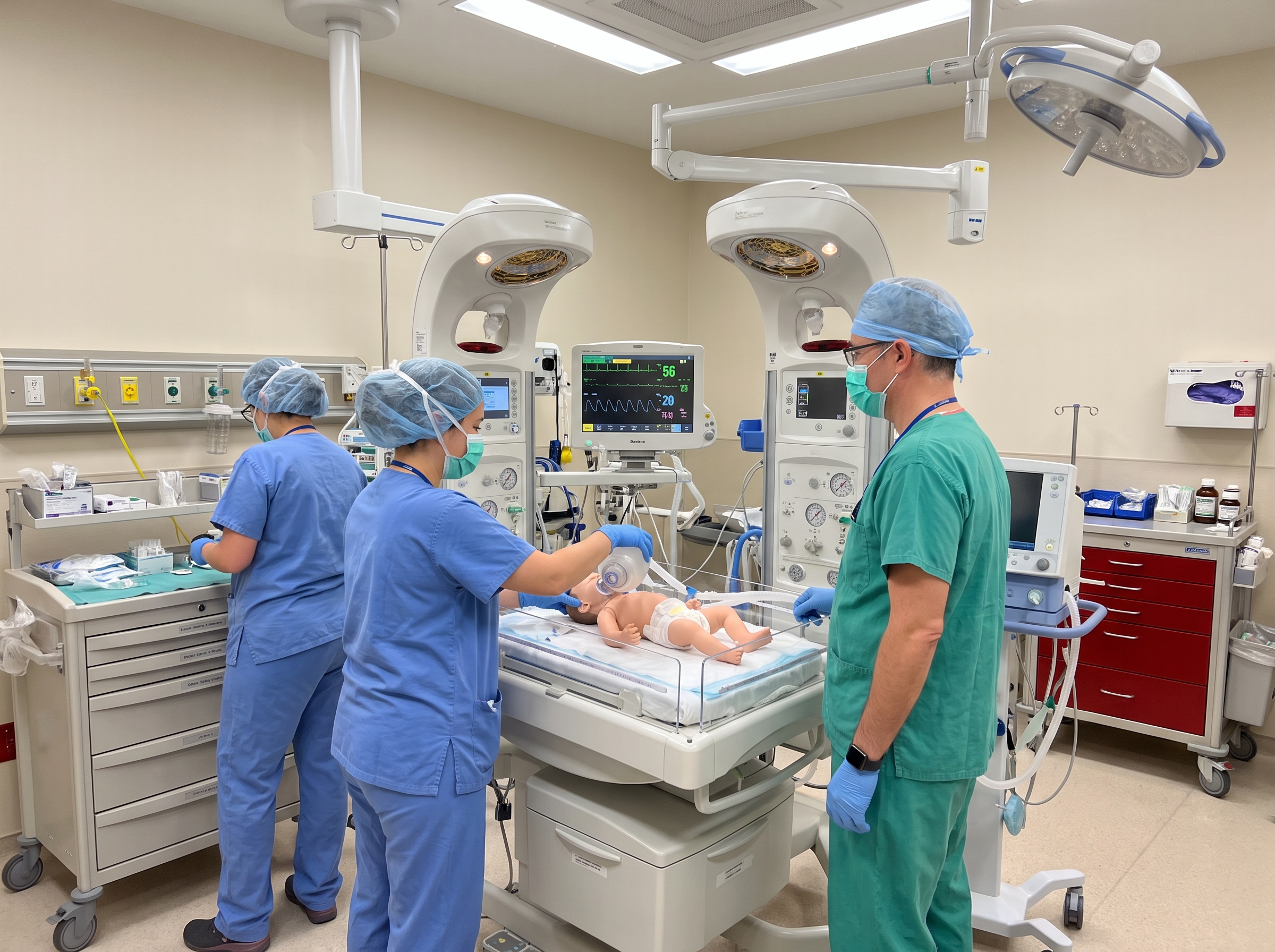 Delivery room team performing simulated newborn resuscitation