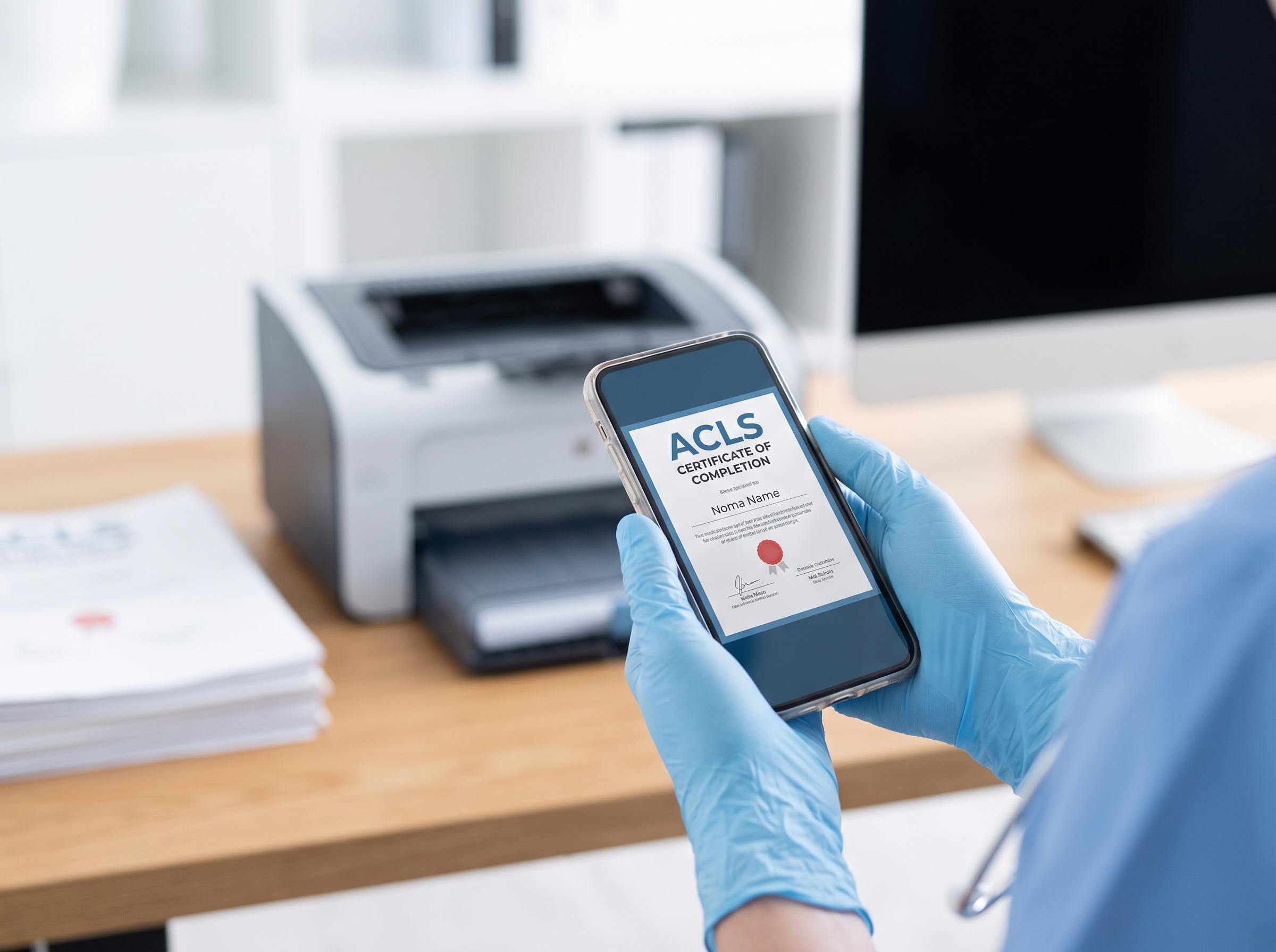 Clinician downloading and printing a digital ACLS certificate