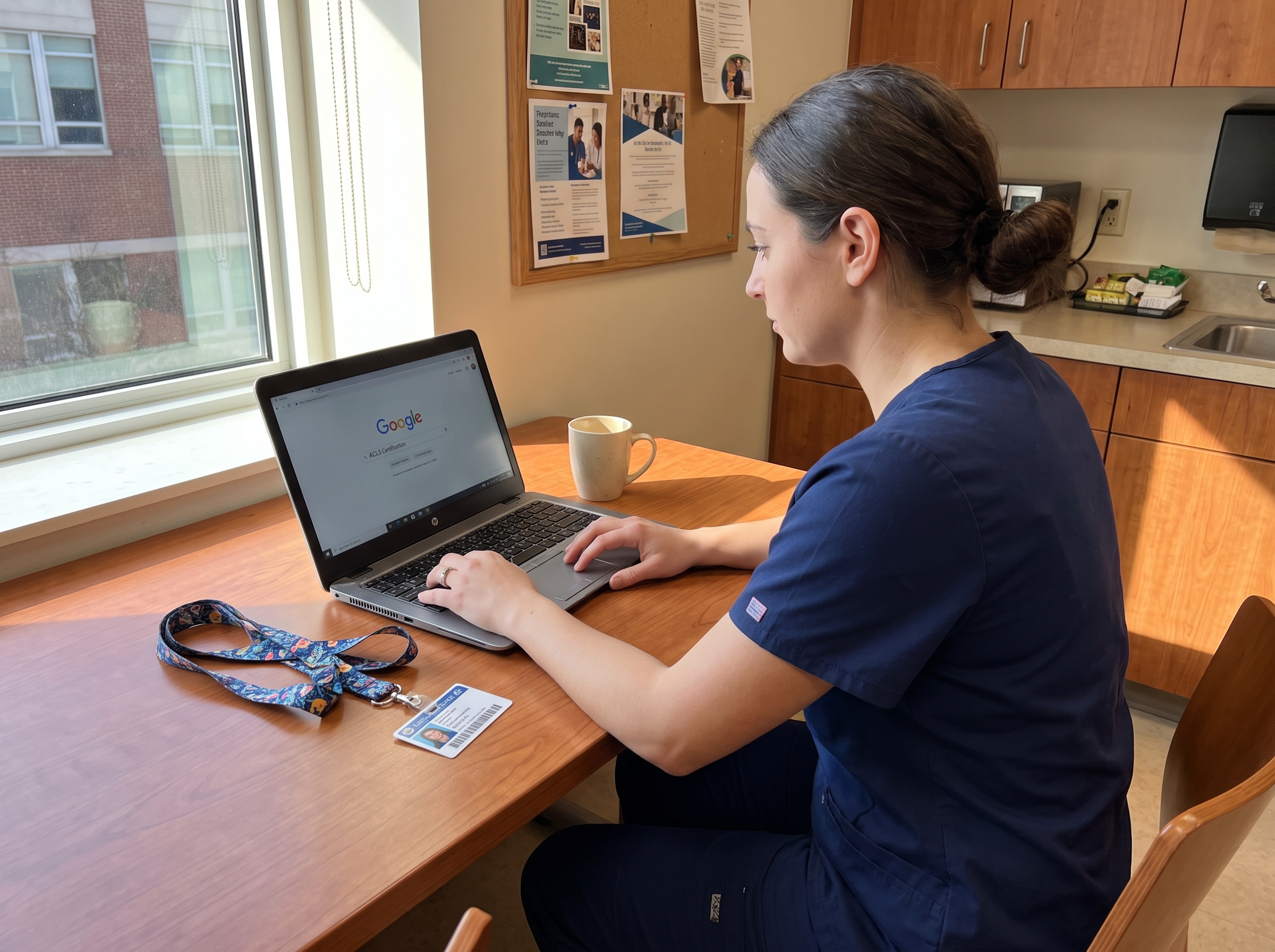 Nurse searching for a lost ACLS certification on a laptop