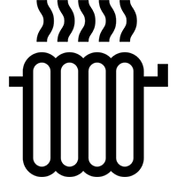 Ícone preto de um termostato digital com símbolo de calor e linhas onduladas representando aquecimento.