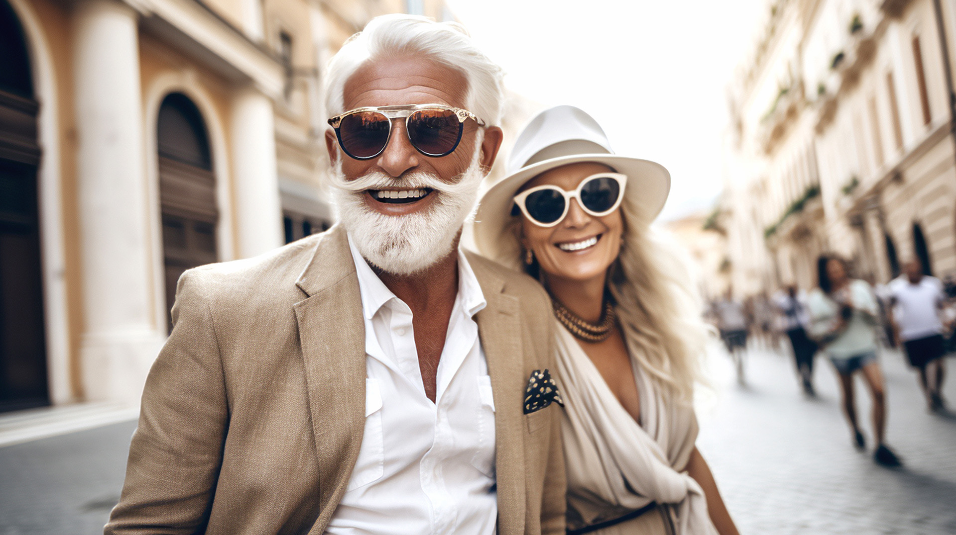 A fashionable couple smiling together while they are traveling in Europe.