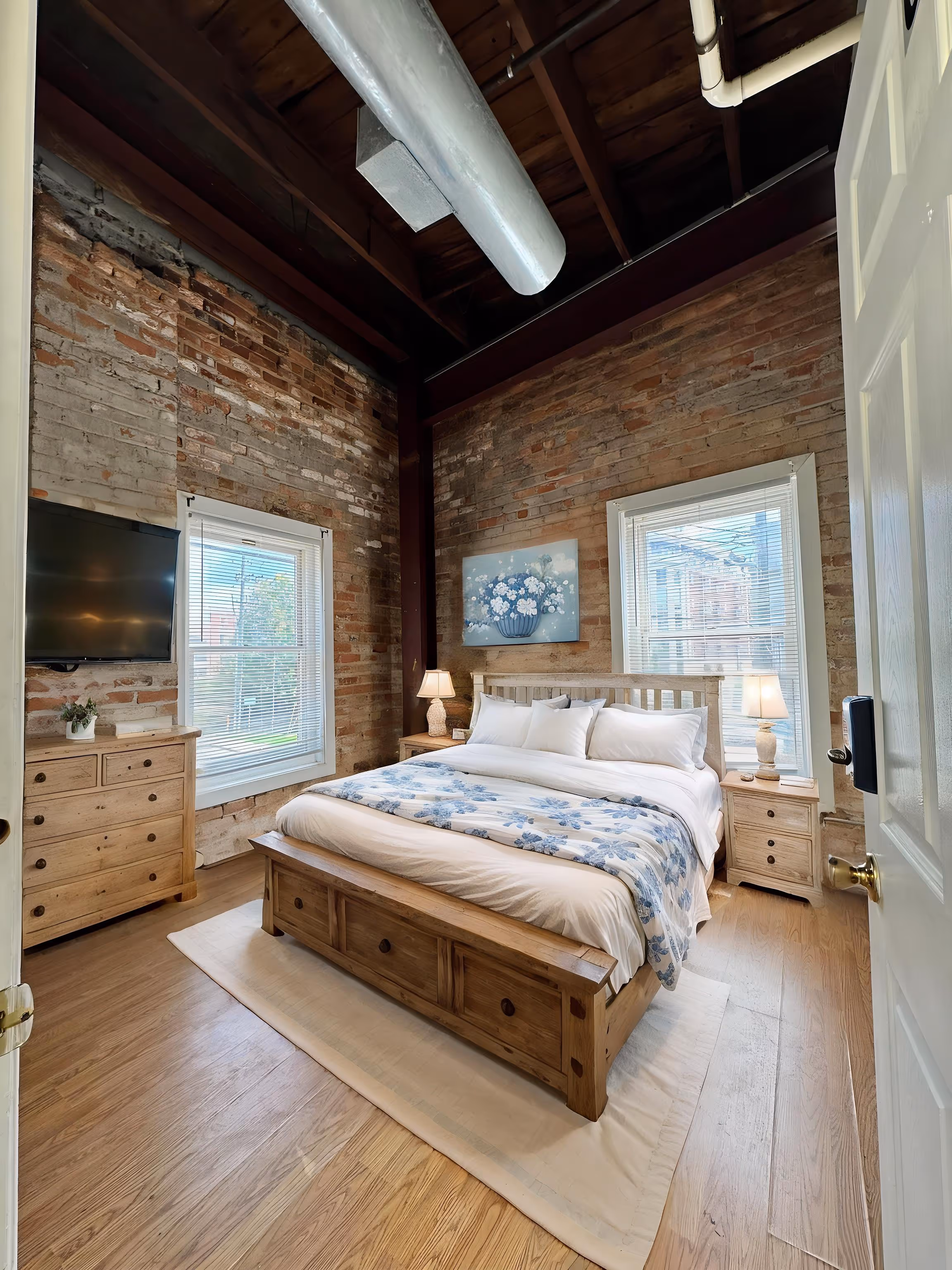Bedroom with exposed brick walls, wooden ceiling beams, large wooden bed with white and blue floral bedding, wooden dresser, TV, and two windows with blinds.