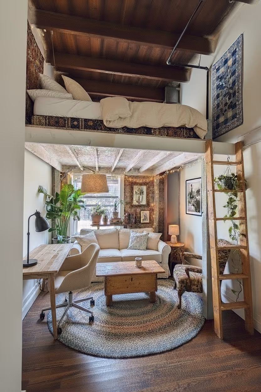 Cozy small living space with a loft bed, white sofa, wooden coffee table, desk with chair, hanging plants on a wooden ladder, and exposed brick walls.