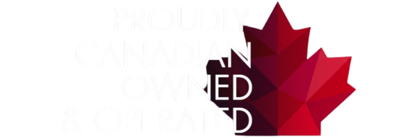 Text reading 'Proudly Canadian Owned & Operated' with a stylized red maple leaf on the right.