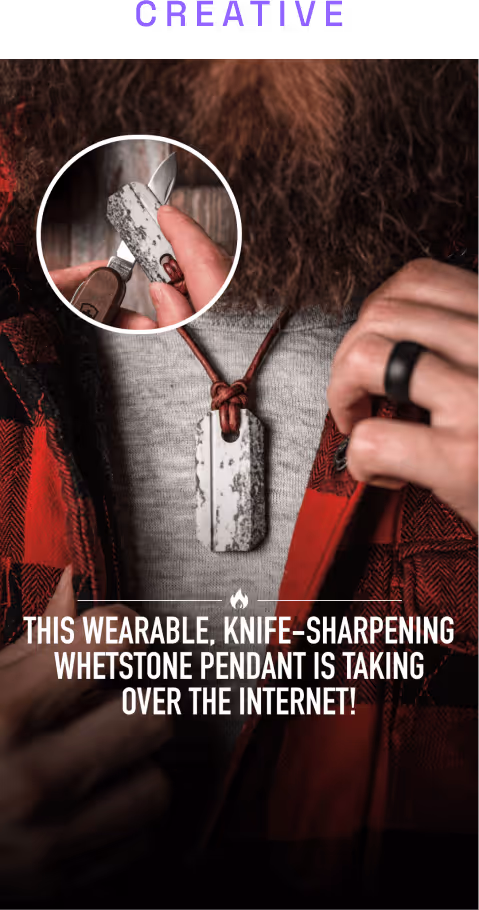 Close-up of a man with a beard wearing a red plaid jacket and a gray shirt, featuring a wearable, knife-sharpening whetstone pendant on a brown leather cord; inset shows hands sharpening a knife blade on the pendant.