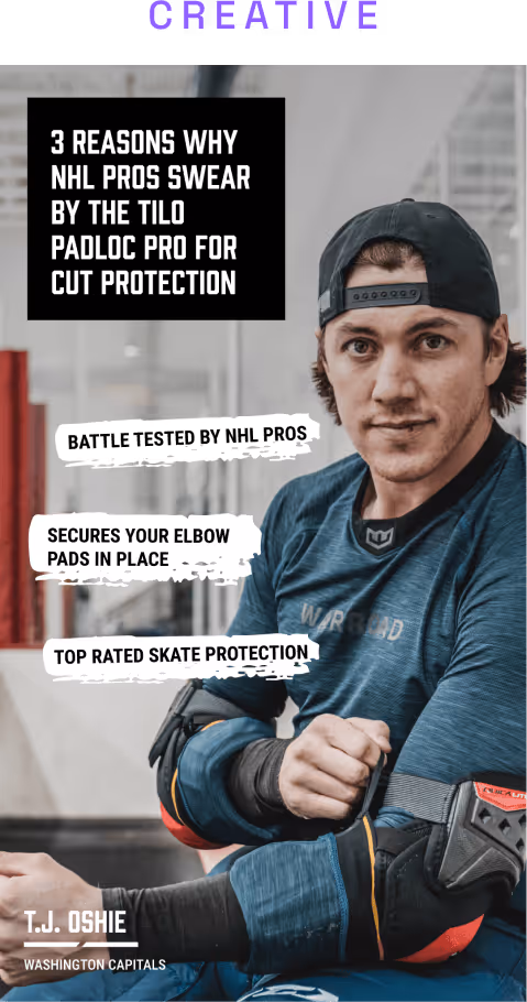 Hockey player T.J. Oshie wearing protective elbow pads and a navy shirt, with text highlighting 3 reasons NHL pros prefer Tilo Padloc Pro for cut protection including battle tested, secures elbow pads, and top rated skate protection.