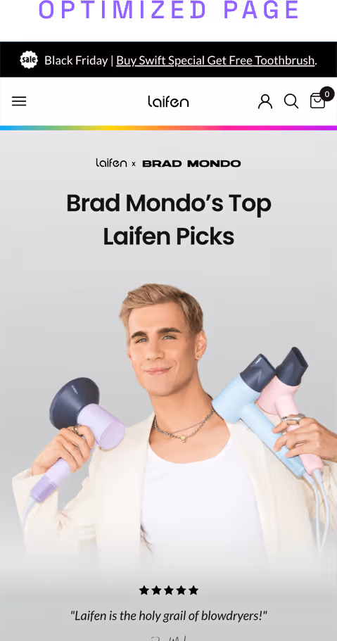 Brad Mondo holding three Laifen hair dryers in pastel colors with text 'Brad Mondo’s Top Laifen Picks' and a five-star review below.