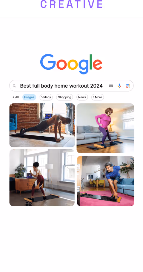 Google image search results for 'Best full body home workout 2024' showing four people performing different exercises on skateboards at home.