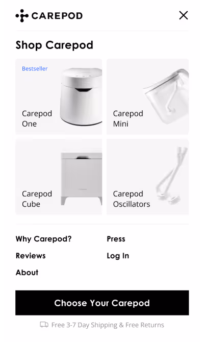 Carepod online shop menu showing four products: Carepod One, Carepod Mini, Carepod Cube, and Carepod Oscillators with navigation links and a button to choose a Carepod.