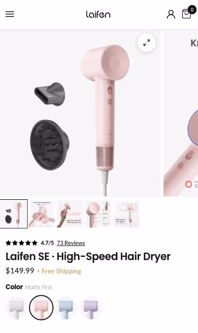 Matte pink Laifen SE high-speed hair dryer with two detachable nozzles displayed on a white background, showing product details and color options.