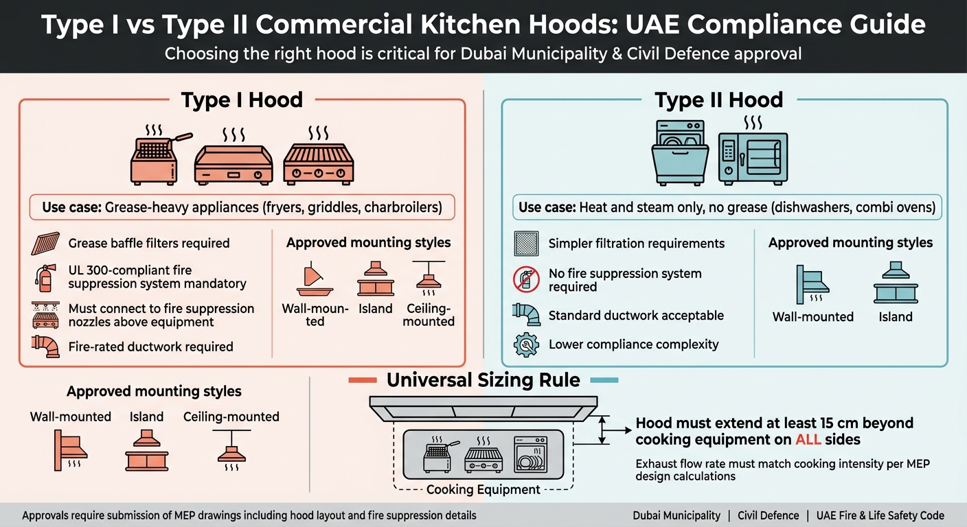 Type I vs Type II Commercial Kitchen Hoods: UAE Compliance Guide