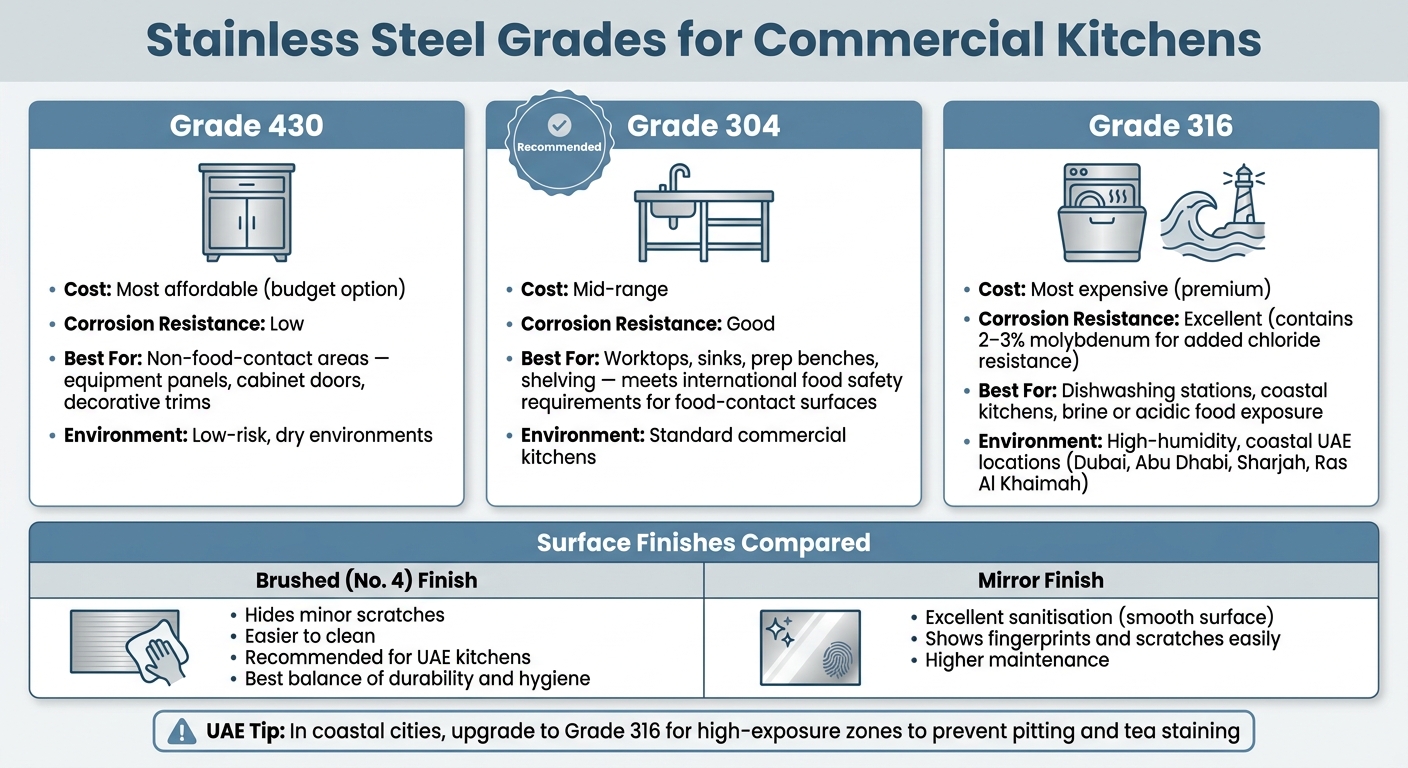 Stainless Steel Grades for Commercial Kitchens: 304 vs 316 vs 430