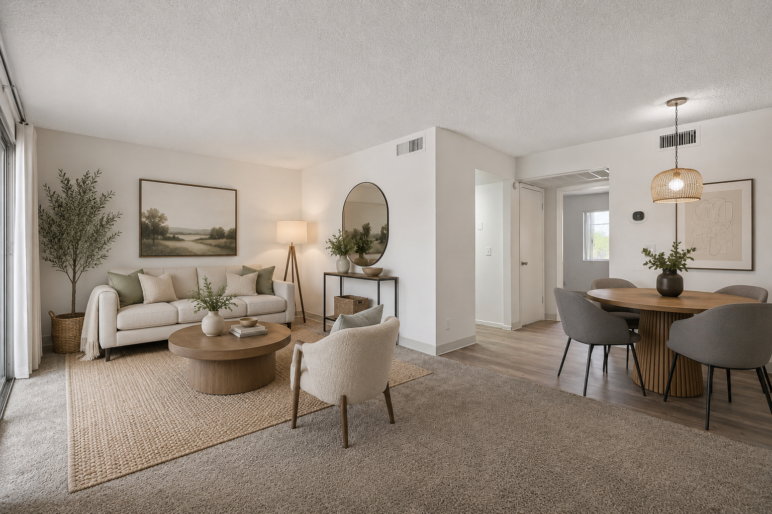 Wide view of living area with sofa and coffee table