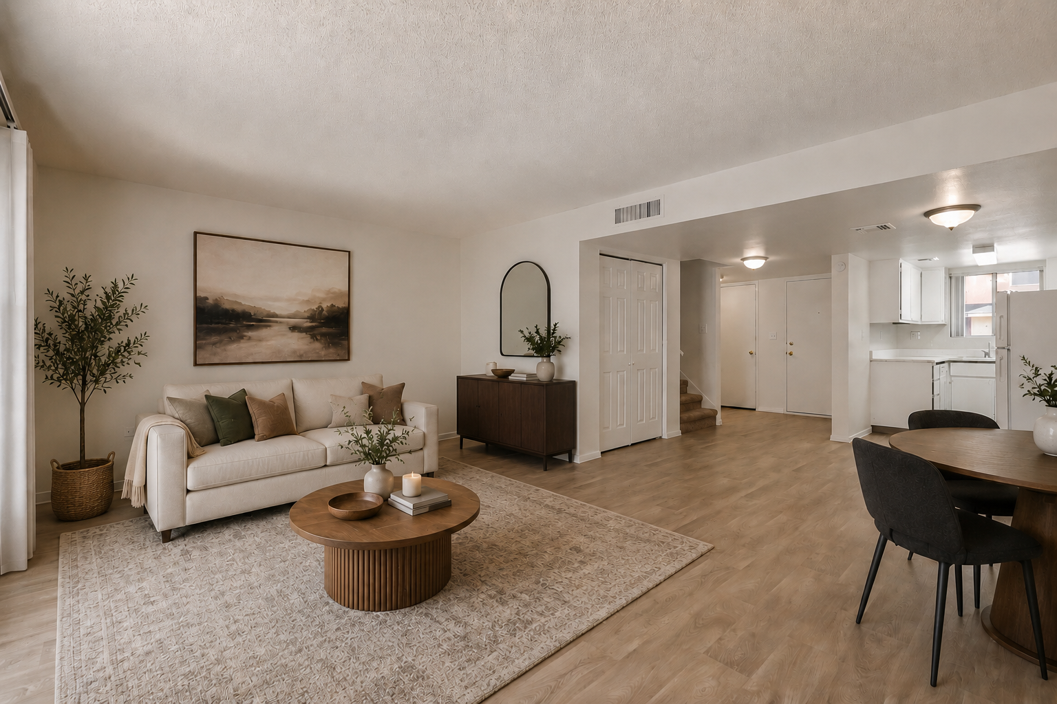 Wide view of living area with sofa and coffee table